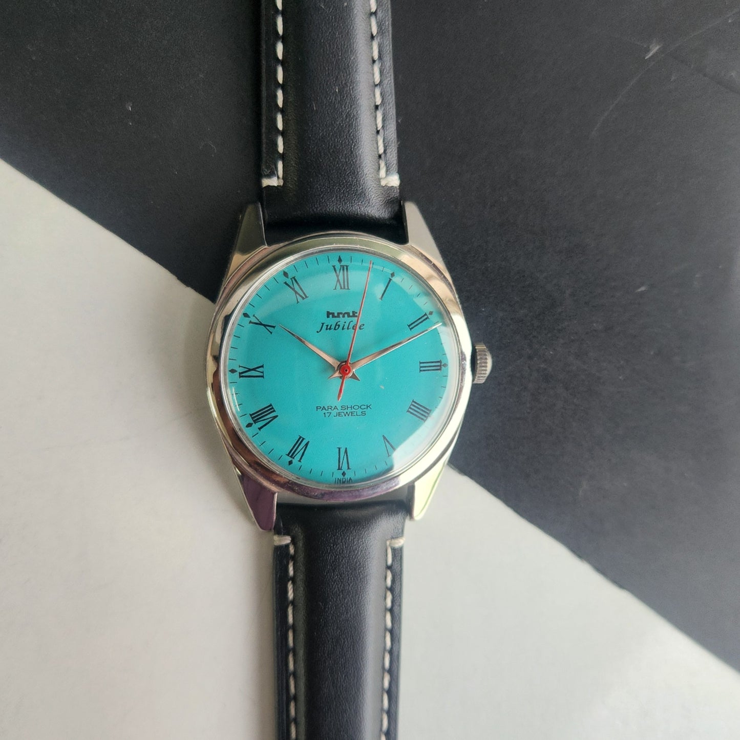 Vintage HMT Jubilee Hand Winding 17 Jewels Tiffany Blue Face 35mm Silver Case Black Leather Strap Men's Wrist Watch G83