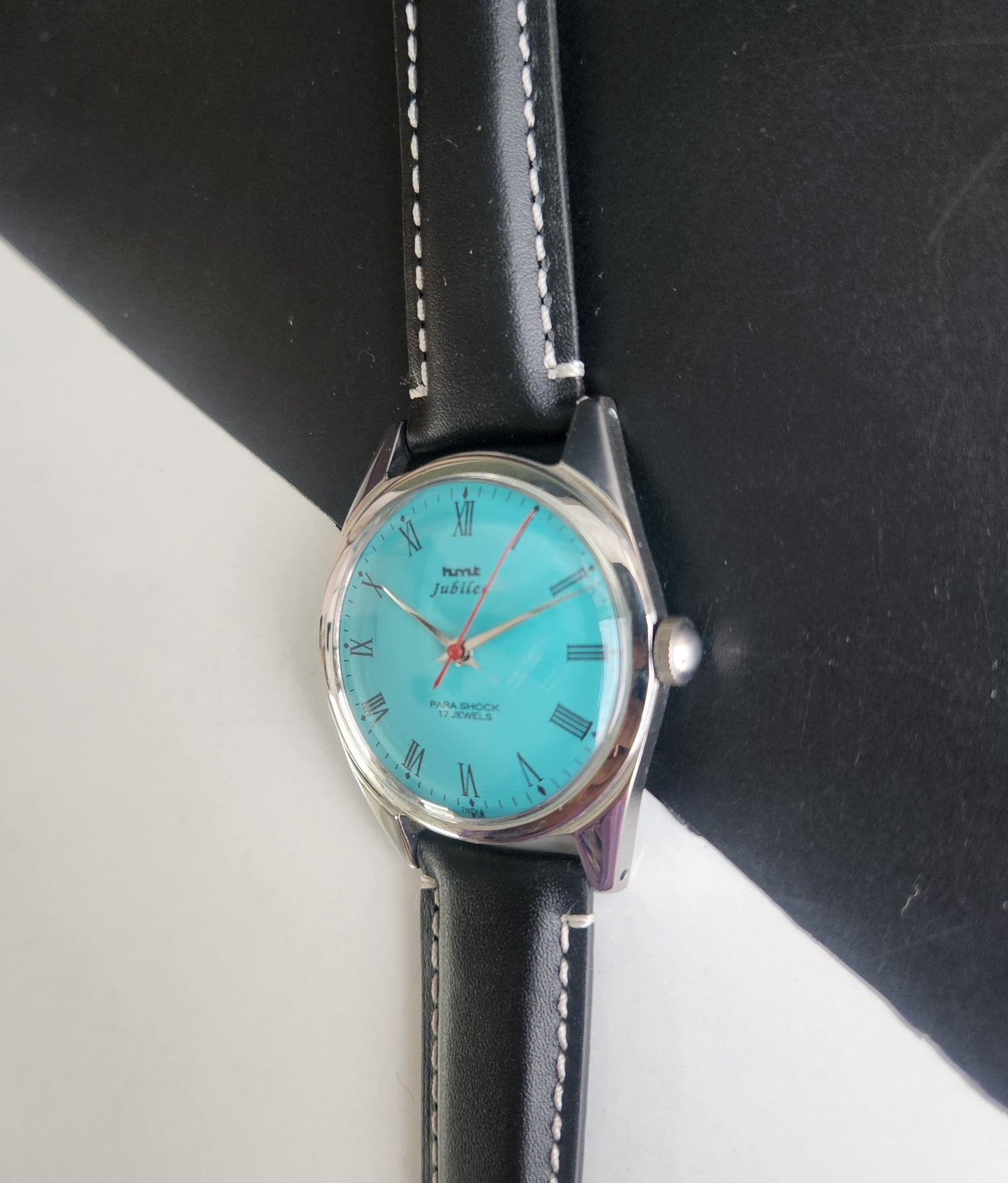 Vintage HMT Jubilee Hand Winding 17 Jewels Tiffany Blue Face 35mm Silver Case Black Leather Strap Men's Wrist Watch G83