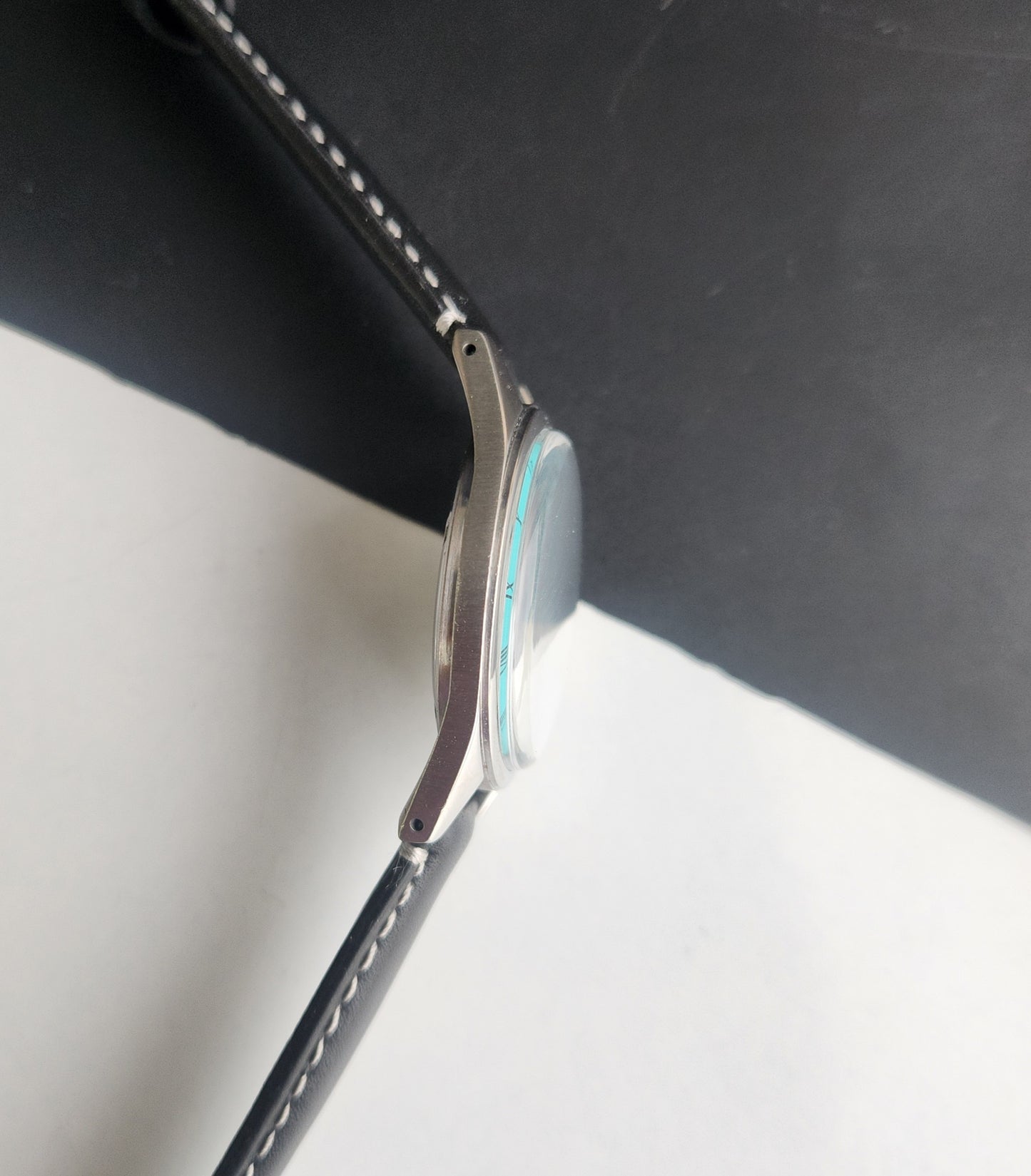 Vintage HMT Jubilee Hand Winding 17 Jewels Tiffany Blue Face 35mm Silver Case Black Leather Strap Men's Wrist Watch G83