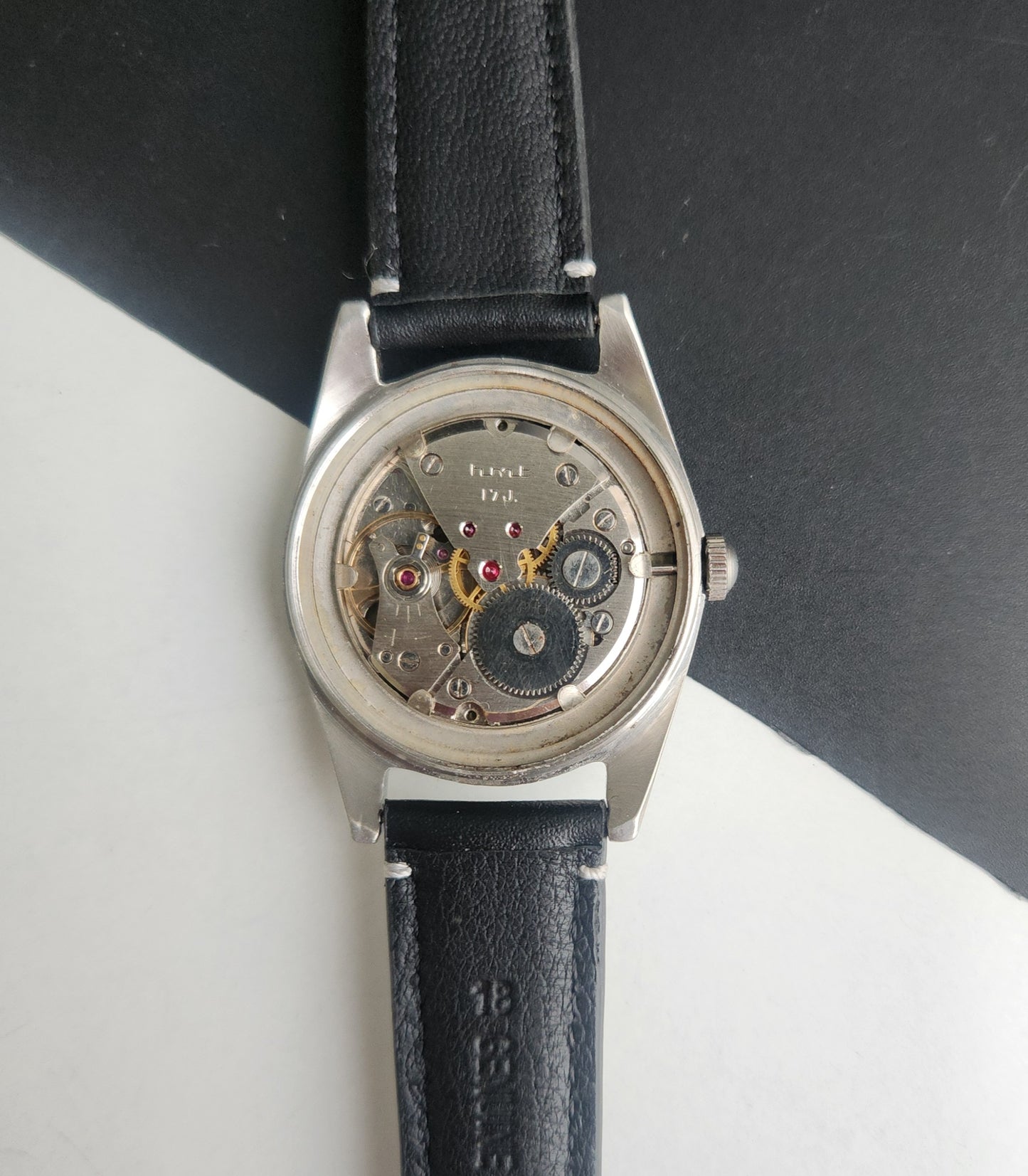 Vintage HMT Jubilee Hand Winding 17 Jewels Tiffany Blue Face 35mm Silver Case Black Leather Strap Men's Wrist Watch G83