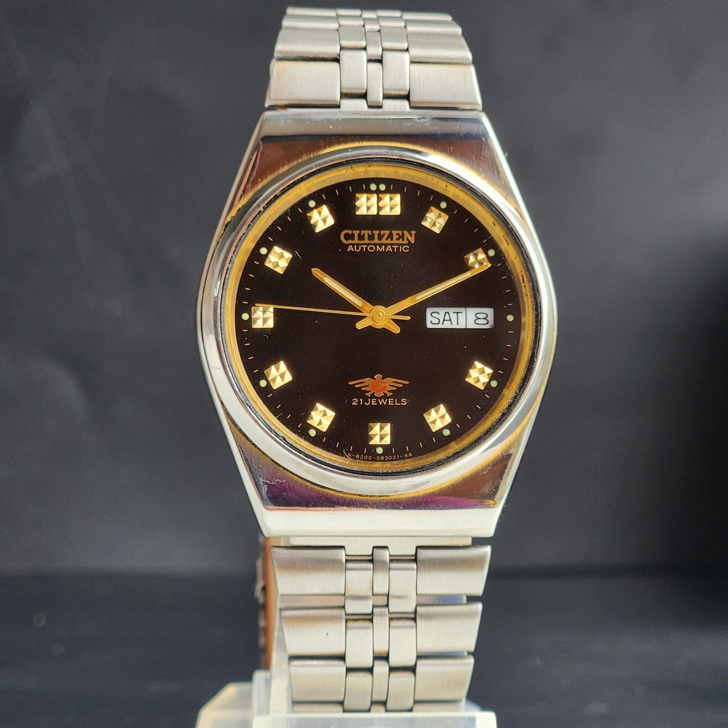 Vintage 1980 Original Citizen Automatic 8200 Black Face 21 Jewels Day-Date Japanese Men's Wrist Watch ET01