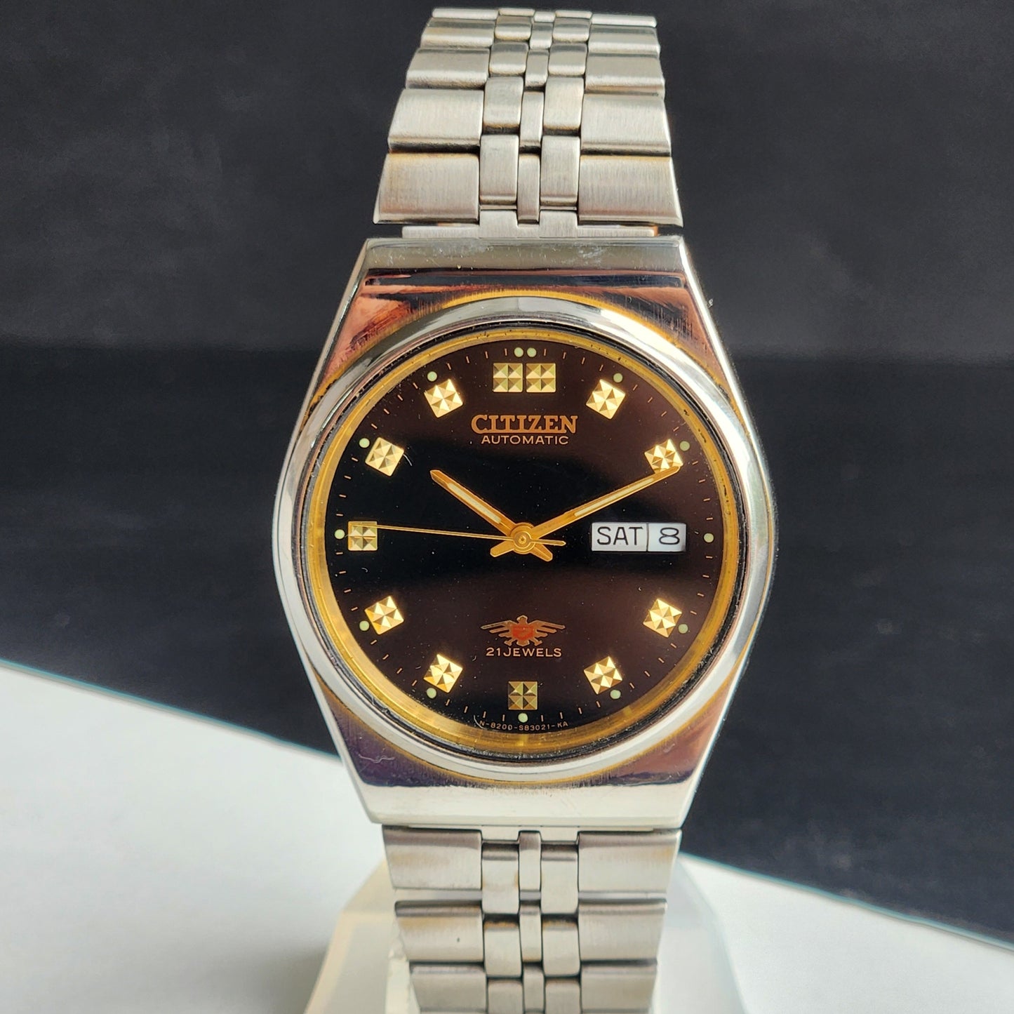 Vintage 1980 Original Citizen Automatic 8200 Black Face 21 Jewels Day-Date Japanese Men's Wrist Watch ET01