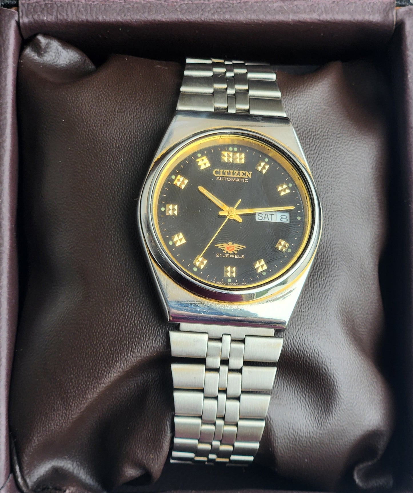 Vintage 1980 Original Citizen Automatic 8200 Black Face 21 Jewels Day-Date Japanese Men's Wrist Watch ET01