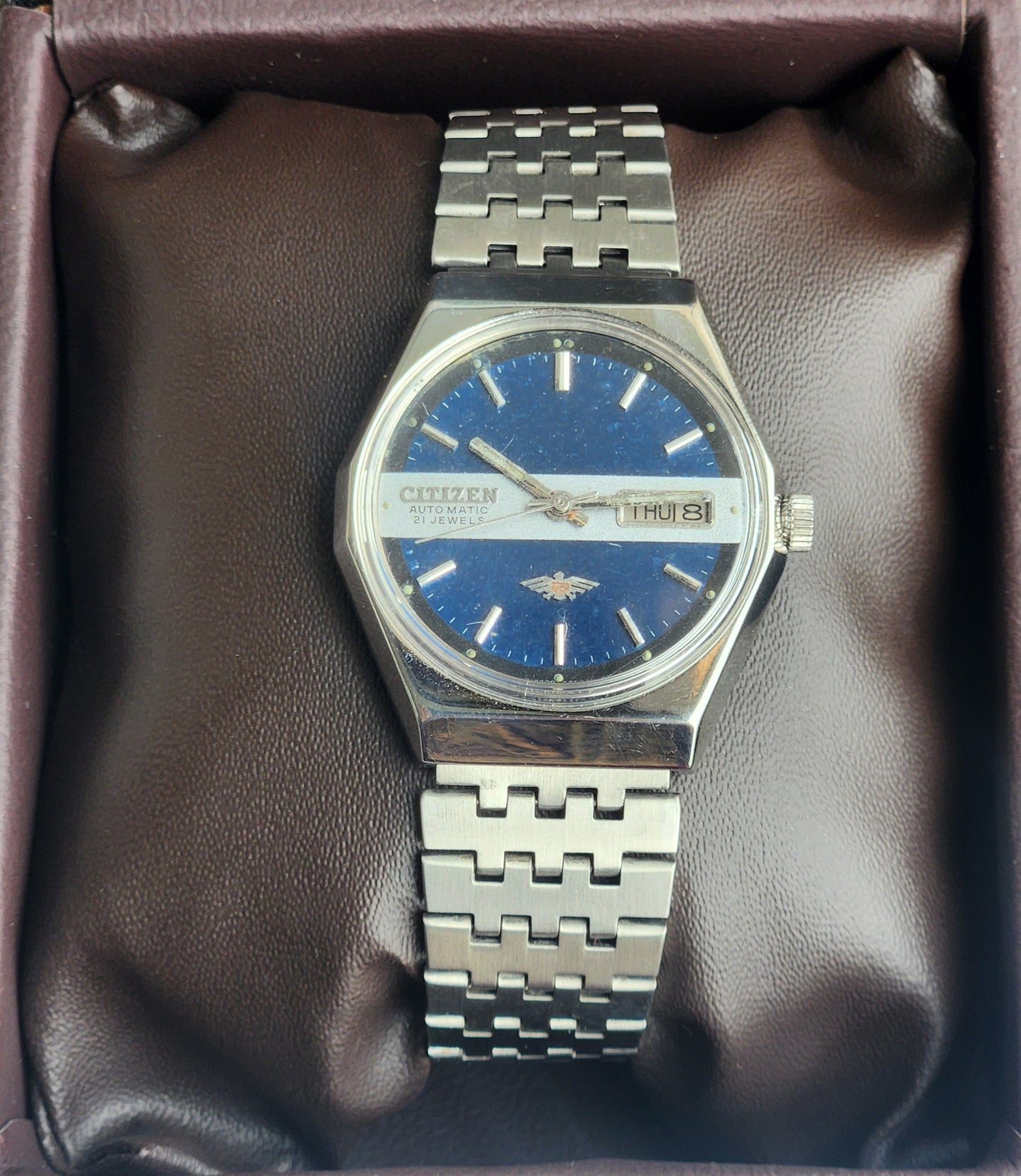 Vintage 1981 Original Citizen Automatic 8200 Blue Face 21 Jewels Day-Date Japanese Men's Wrist Watch ET02