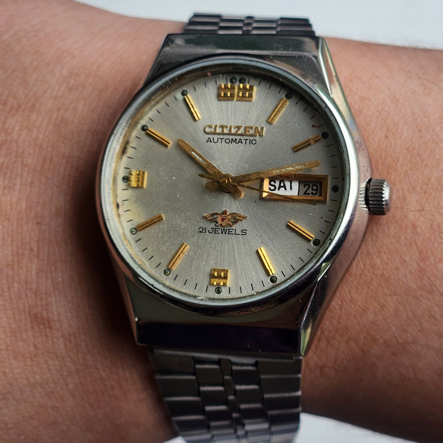 Vintage 1991 Original Citizen Automatic 8200 Silver Face 21 Jewels Day-Date Japanese Men's Wrist Watch ET03