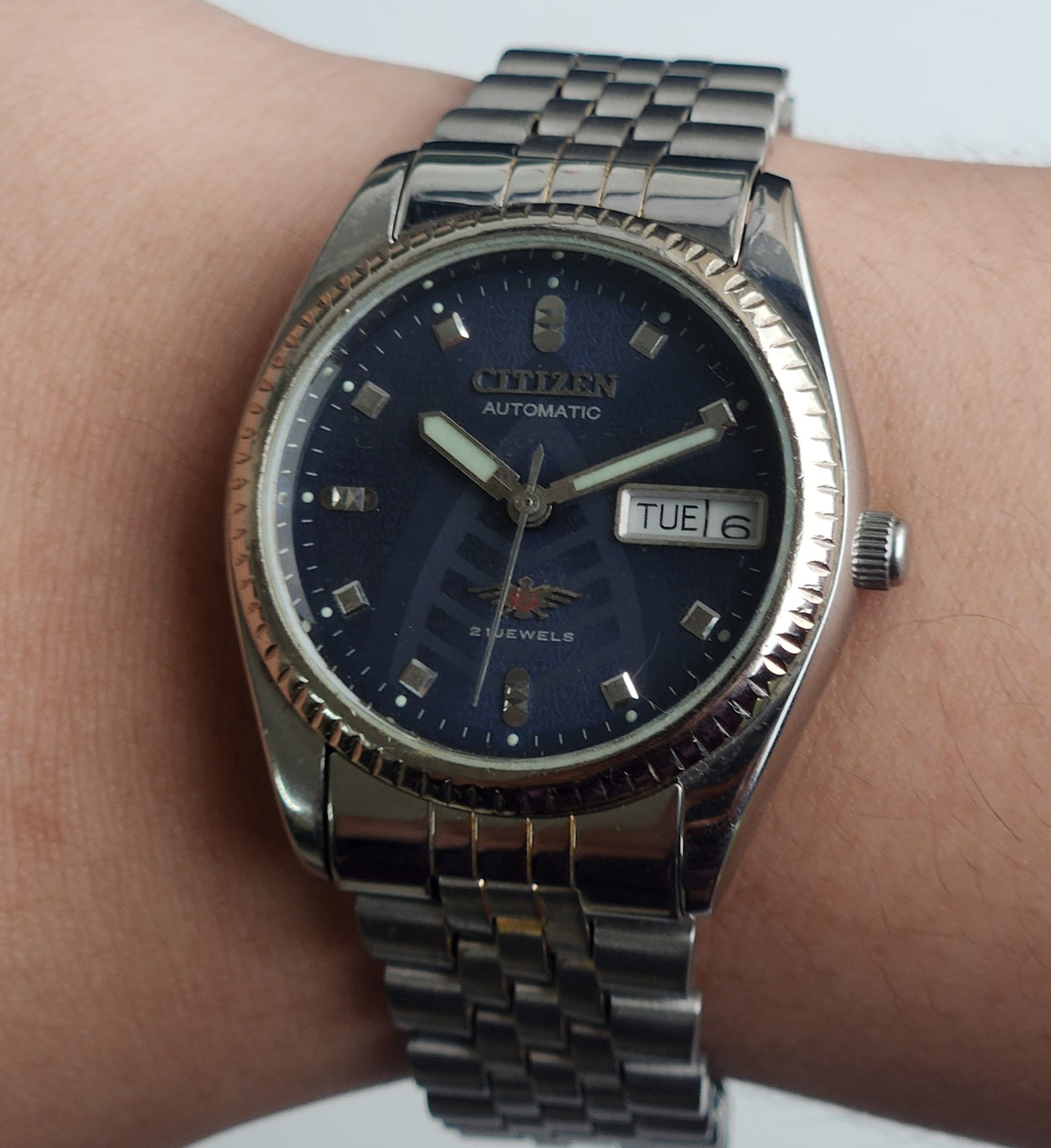 Vintage 1983 Original Citizen Automatic 8200 Blue Face 21 Jewels Day-Date Japanese Men's Wrist Watch ET05