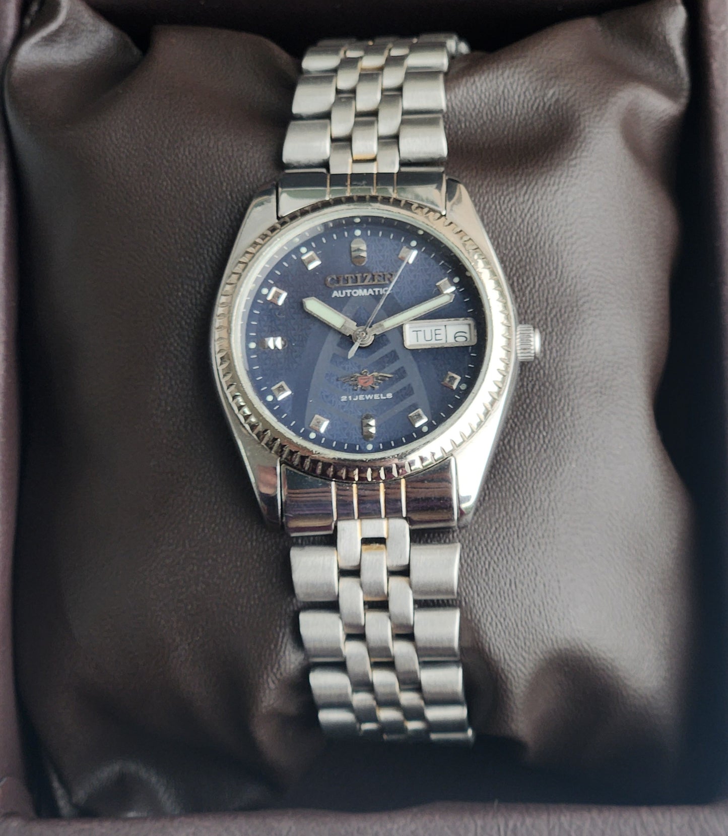 Vintage 1983 Original Citizen Automatic 8200 Blue Face 21 Jewels Day-Date Japanese Men's Wrist Watch ET05