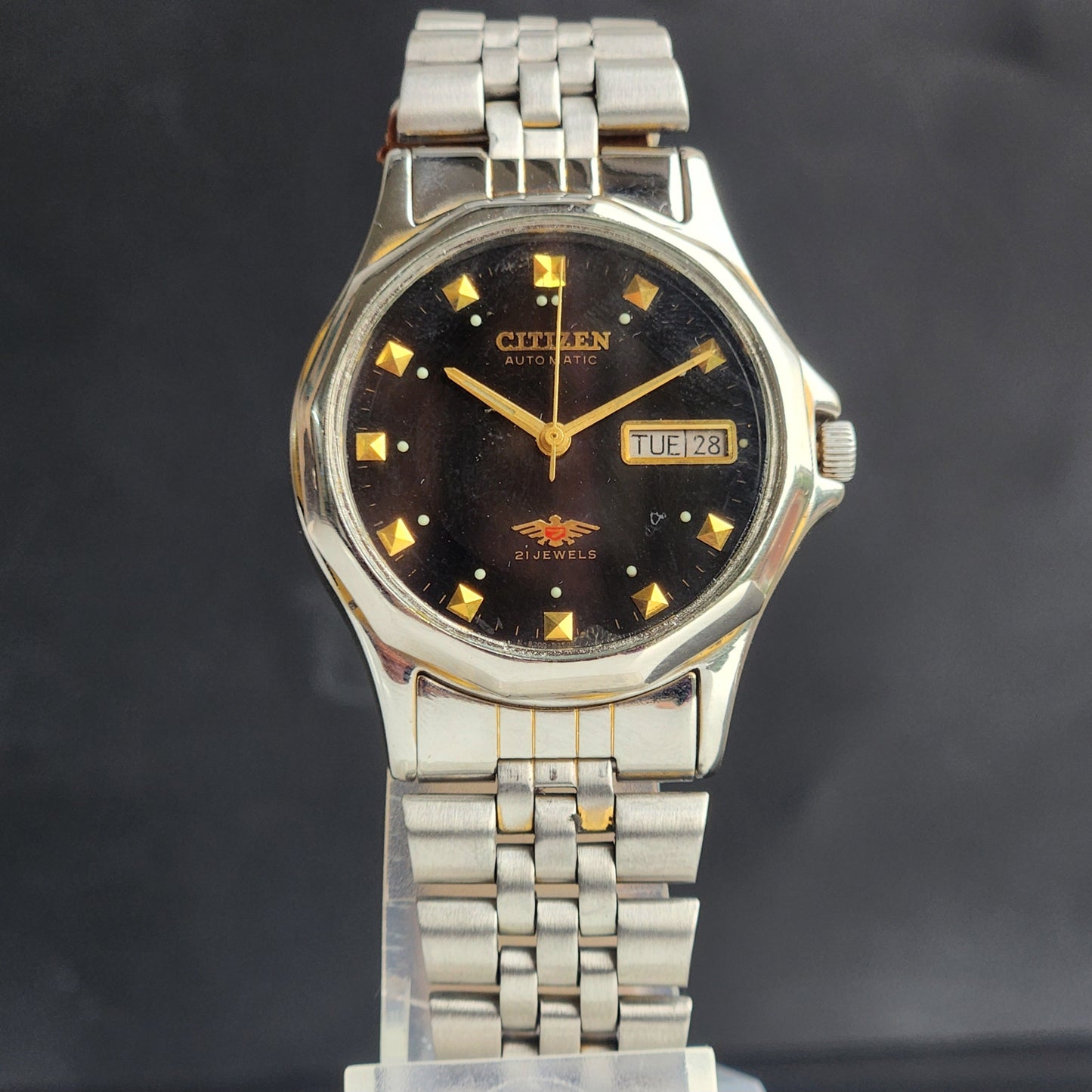 Vintage 1990 Original Citizen Automatic 8200 Black Face 21 Jewels Day-Date Japanese Men's Wrist Watch ET08