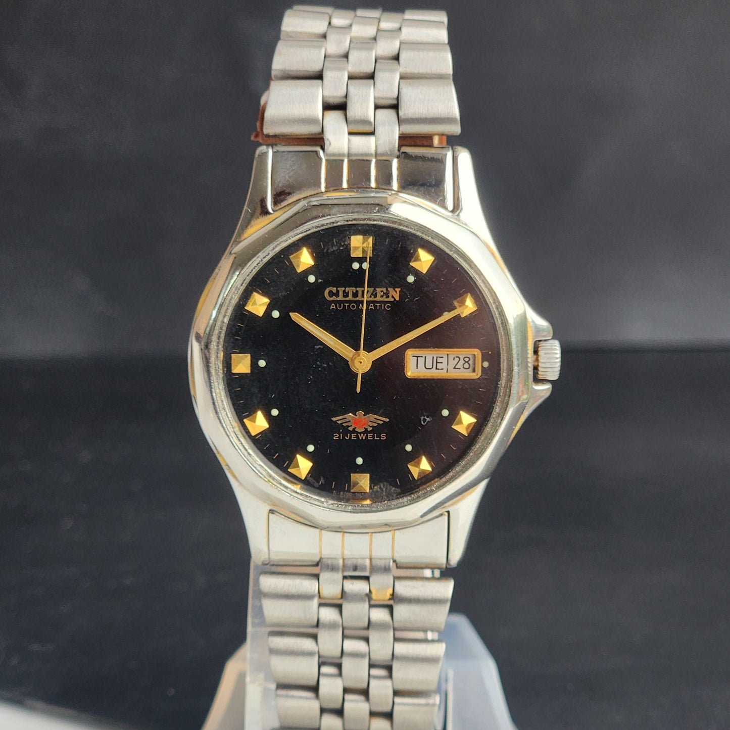 Vintage 1990 Original Citizen Automatic 8200 Black Face 21 Jewels Day-Date Japanese Men's Wrist Watch ET08