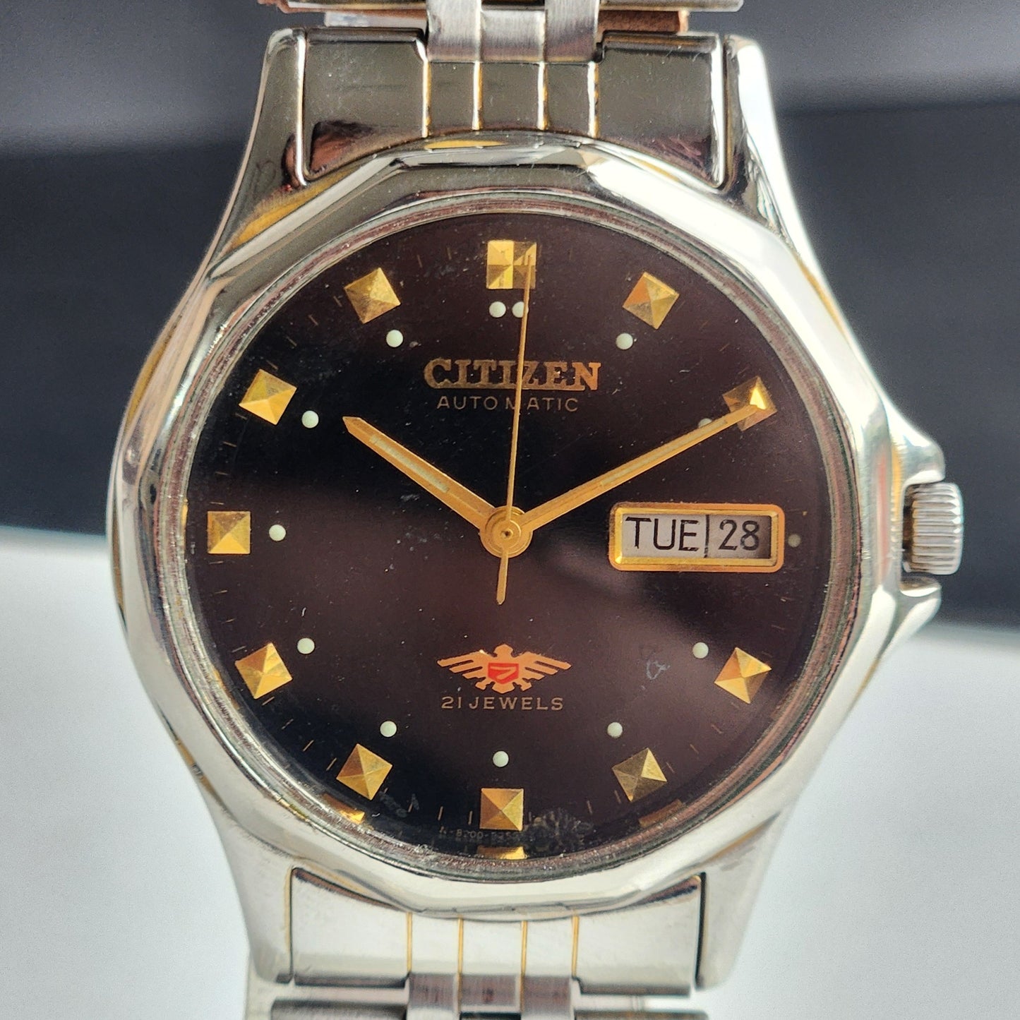 Vintage 1990 Original Citizen Automatic 8200 Black Face 21 Jewels Day-Date Japanese Men's Wrist Watch ET08
