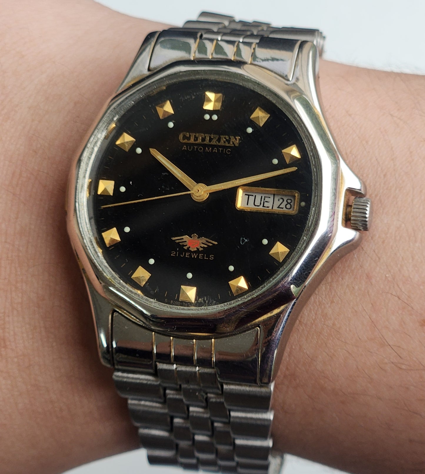 Vintage 1990 Original Citizen Automatic 8200 Black Face 21 Jewels Day-Date Japanese Men's Wrist Watch ET08