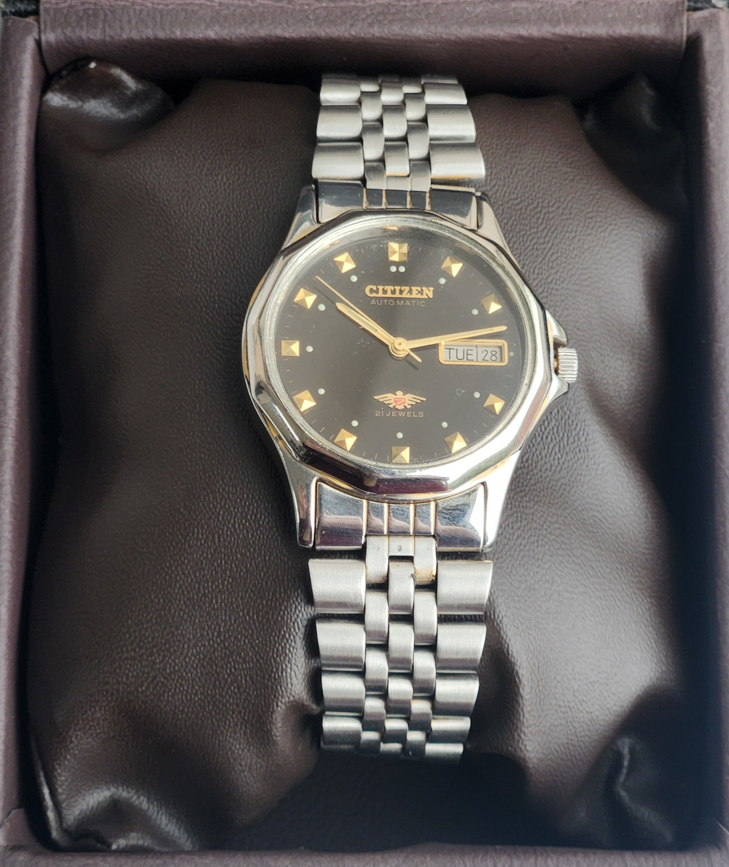 Vintage 1990 Original Citizen Automatic 8200 Black Face 21 Jewels Day-Date Japanese Men's Wrist Watch ET08