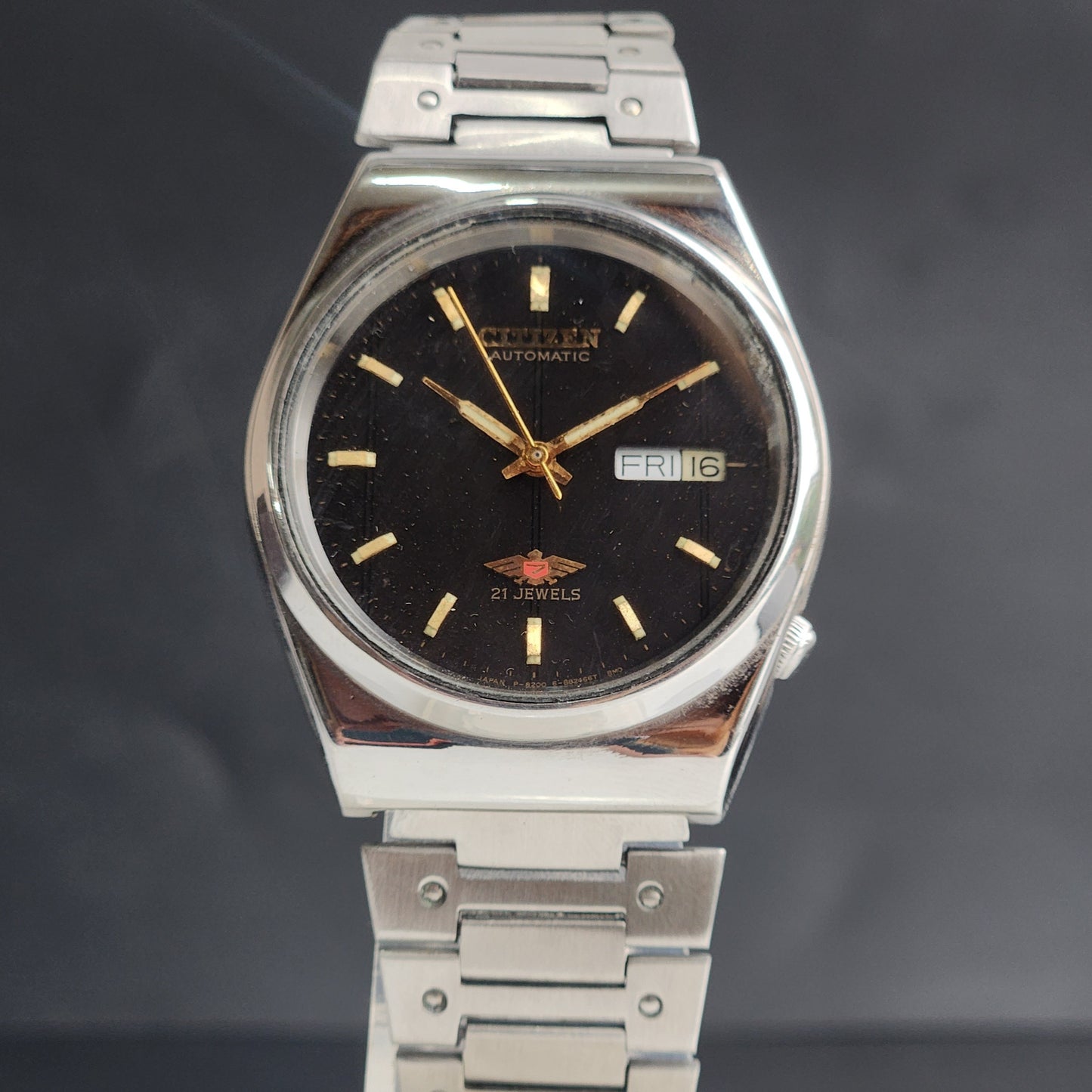 Vintage 1989 Original Citizen Automatic 8200 Black Face 21 Jewels Day-Date Japanese Men's Wrist Watch ET13