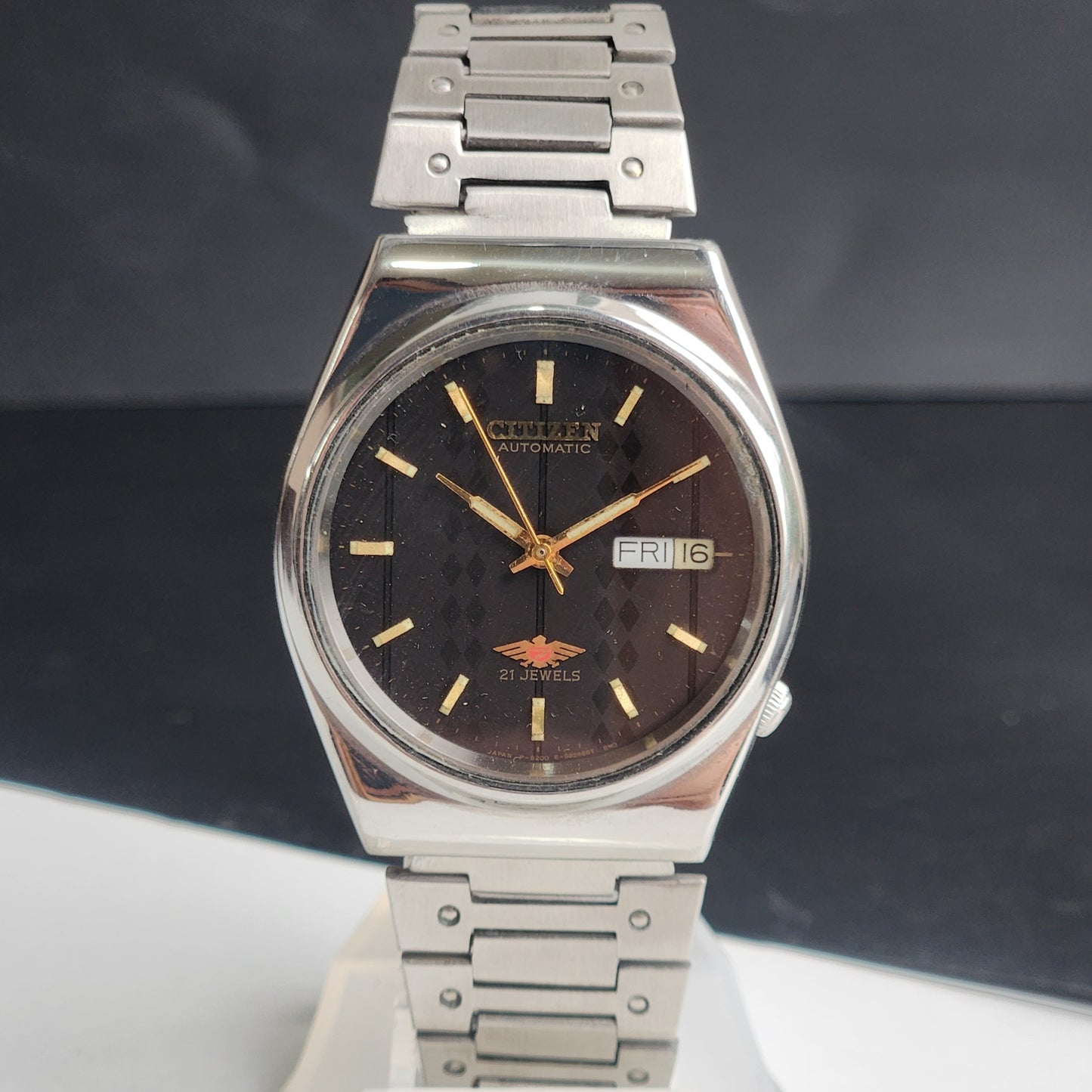 Vintage 1989 Original Citizen Automatic 8200 Black Face 21 Jewels Day-Date Japanese Men's Wrist Watch ET13