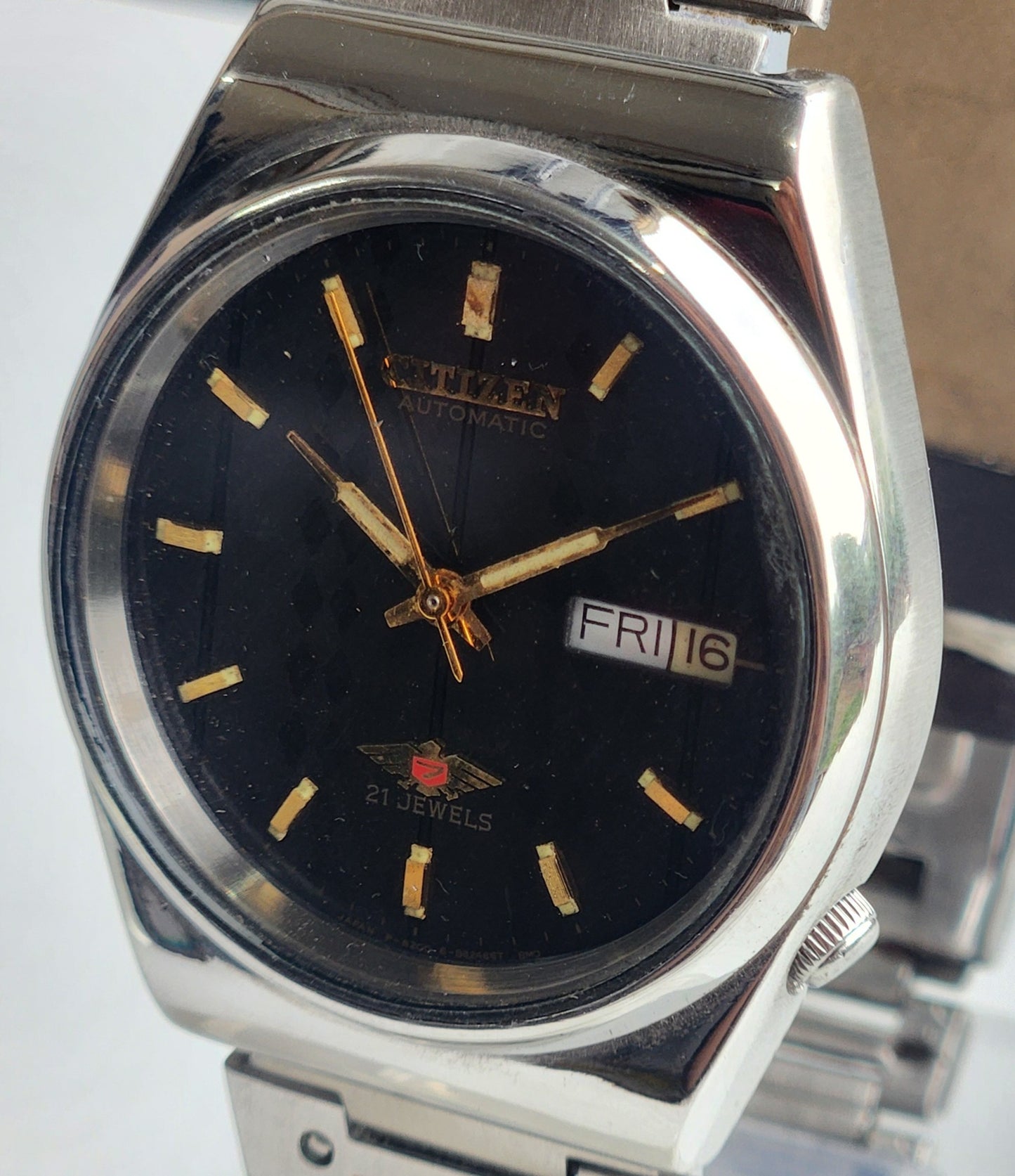 Vintage 1989 Original Citizen Automatic 8200 Black Face 21 Jewels Day-Date Japanese Men's Wrist Watch ET13