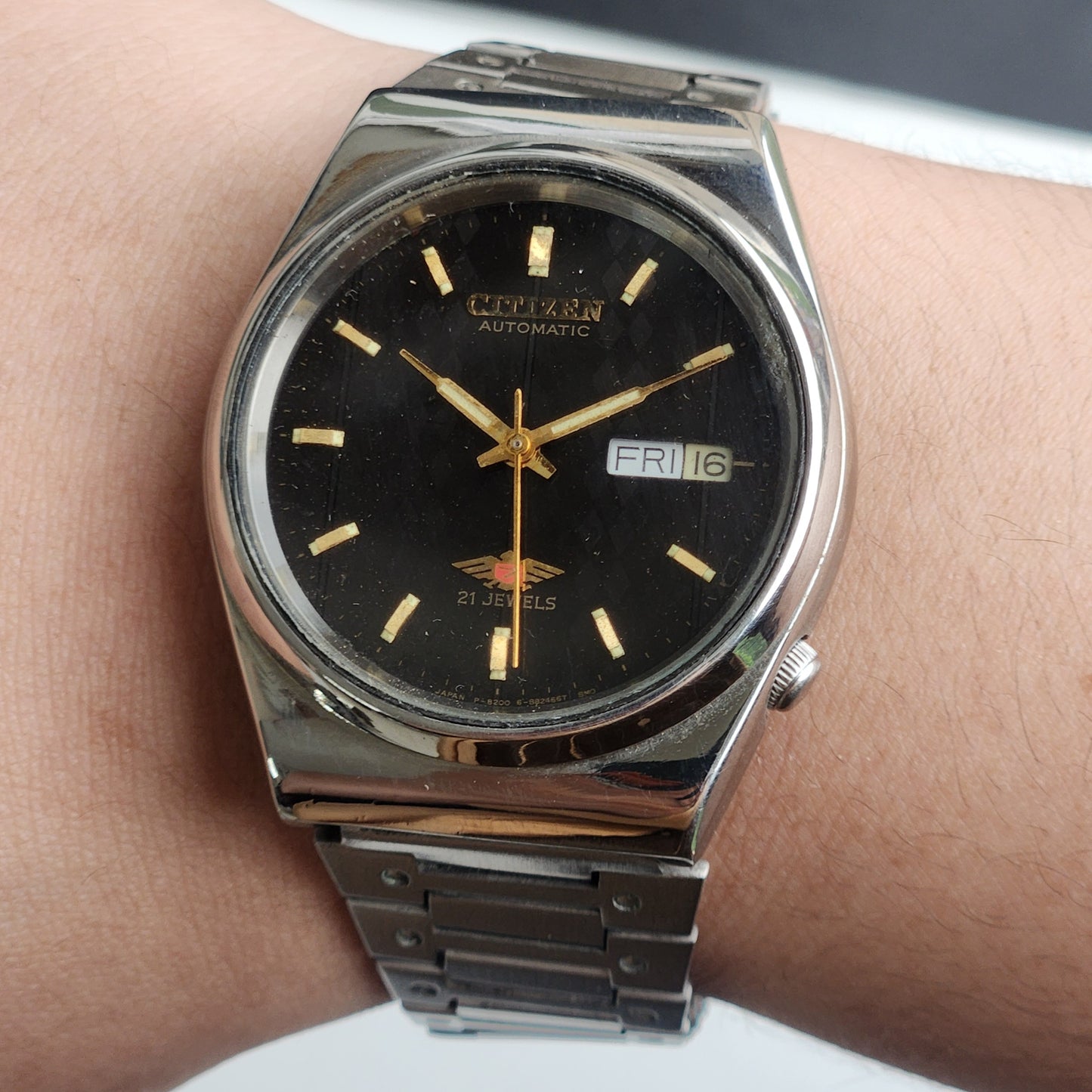 Vintage 1989 Original Citizen Automatic 8200 Black Face 21 Jewels Day-Date Japanese Men's Wrist Watch ET13