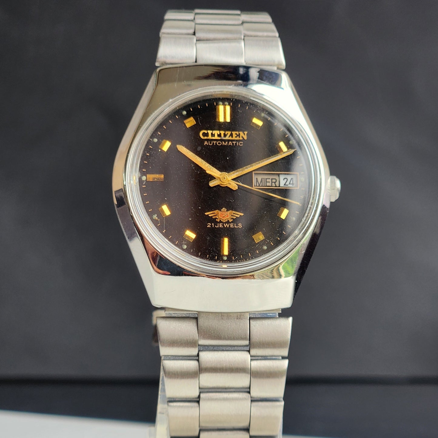 Vintage 1996 Original Citizen Automatic 8200 Black Face 21 Jewels Day-Date Japanese Men's Wrist Watch ET25