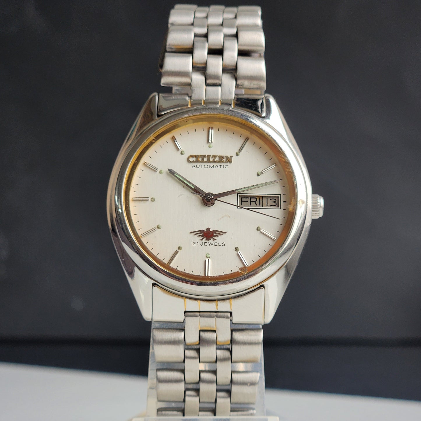 Vintage 1990 Original Citizen Automatic 8200 White Face 21 Jewels Day-Date Japanese Men's Wrist Watch ET28
