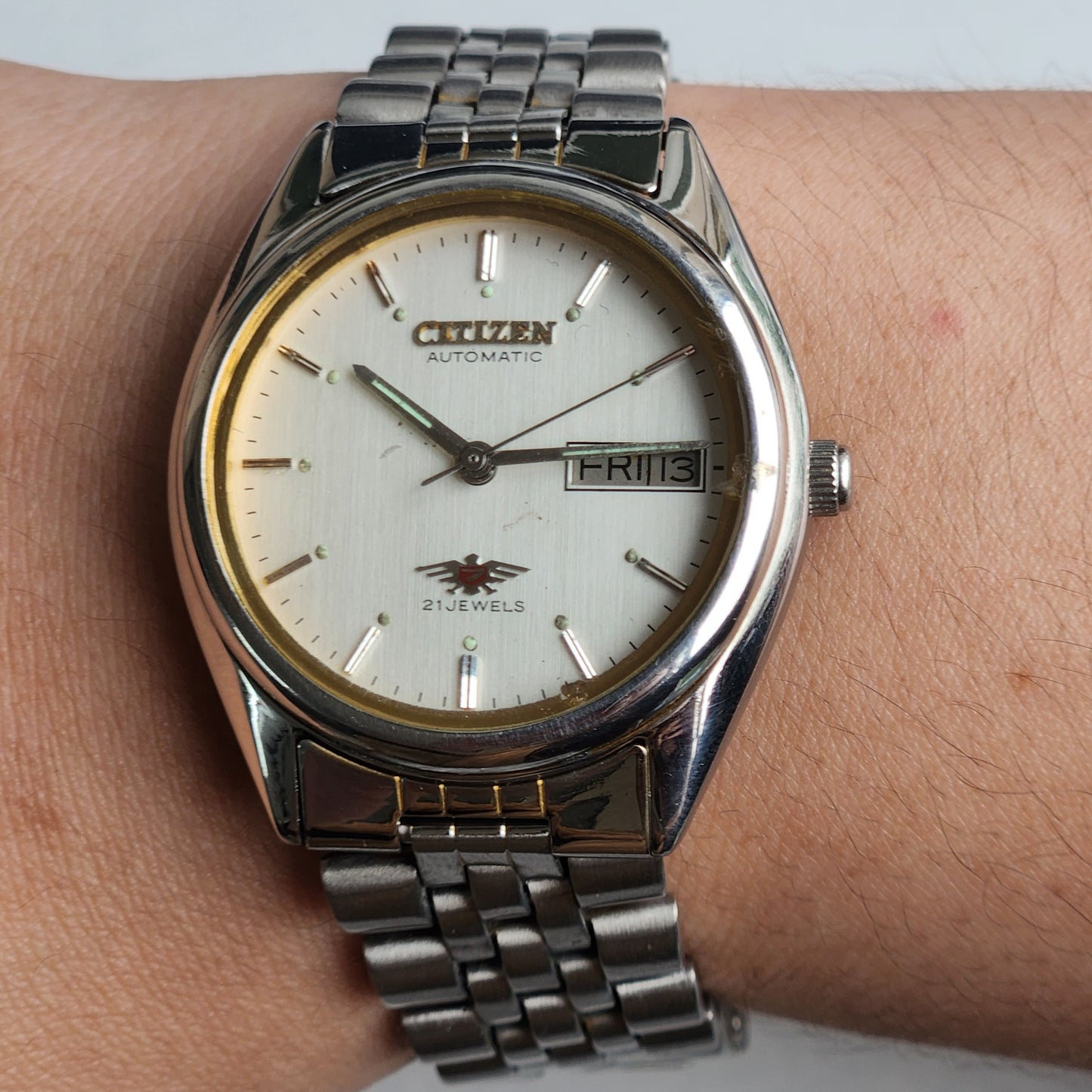 Vintage 1990 Original Citizen Automatic 8200 White Face 21 Jewels Day-Date Japanese Men's Wrist Watch ET28