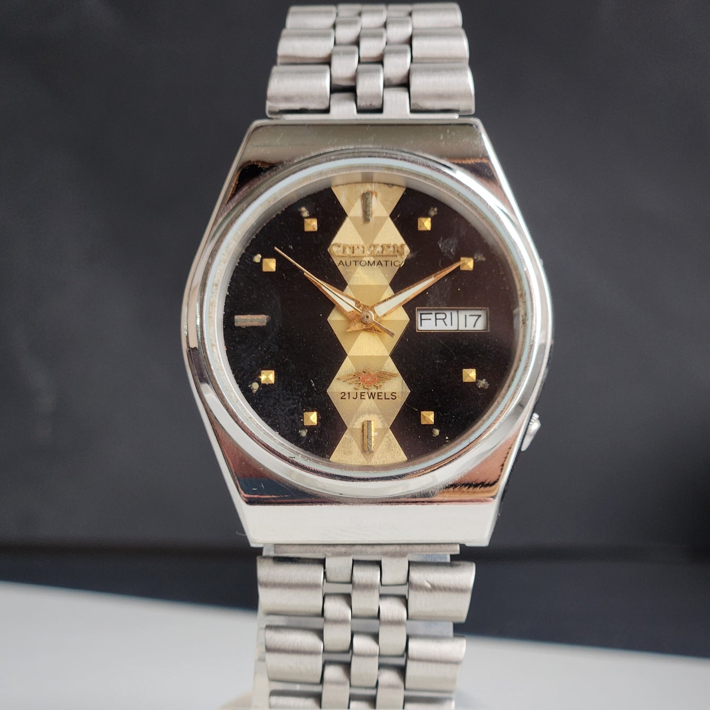 Vintage 1981 Original Citizen Automatic 8200 Black Face 21 Jewels Day-Date Japanese Men's Wrist Watch ET29
