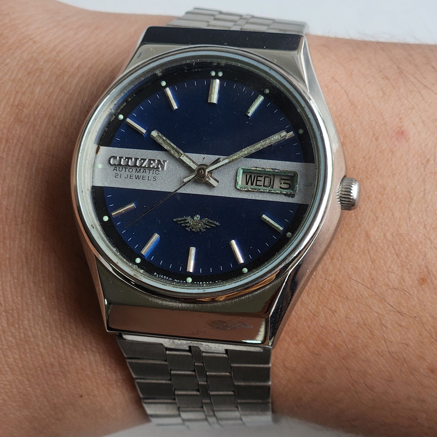 Vintage 1980 Original Citizen Automatic 8200 Blue Face 21 Jewels Day-Date Japanese Men's Wrist Watch ET31