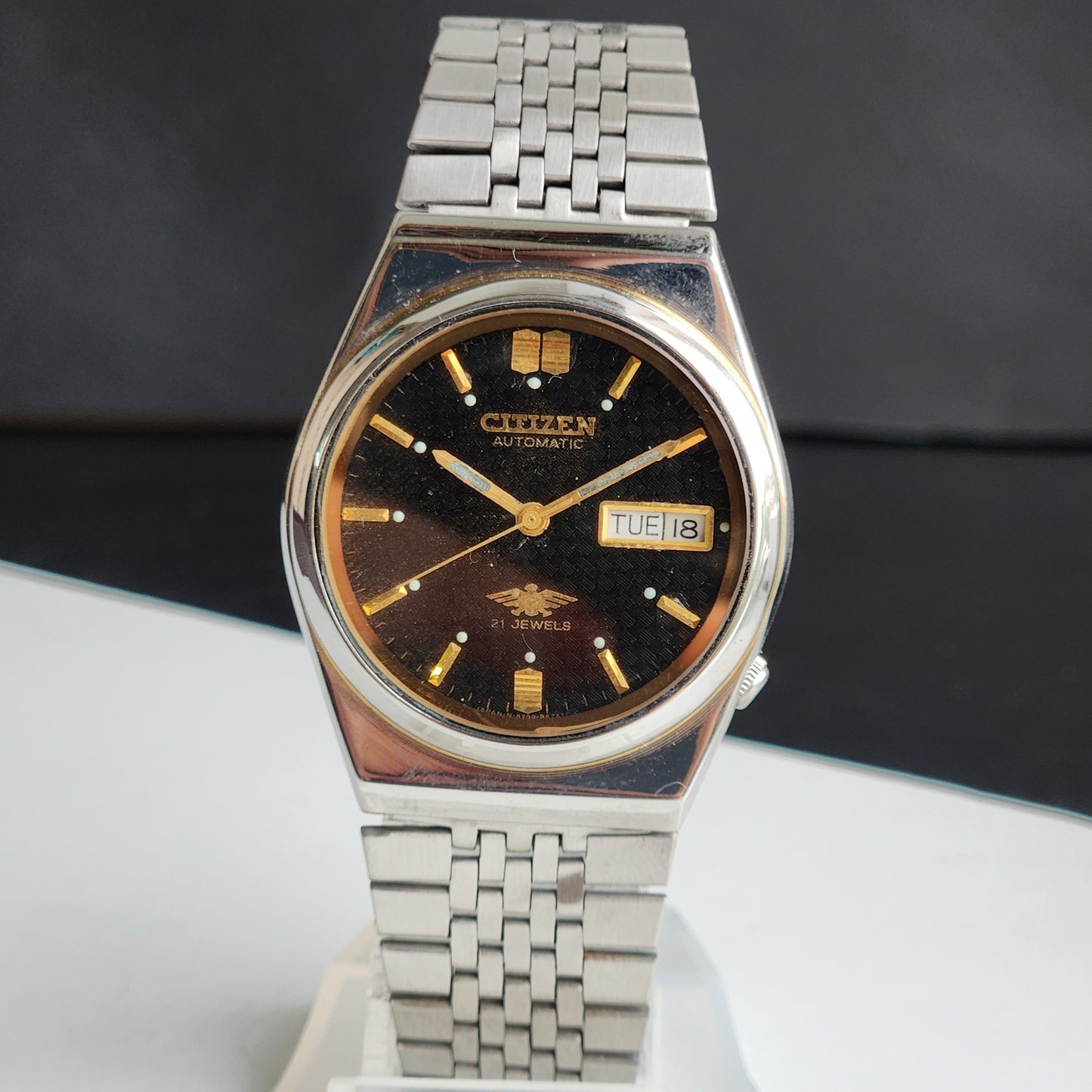Vintage 1984 Original Citizen Automatic 8200 Black Face 21 Jewels Day-Date Japanese Men's Wrist Watch ET34