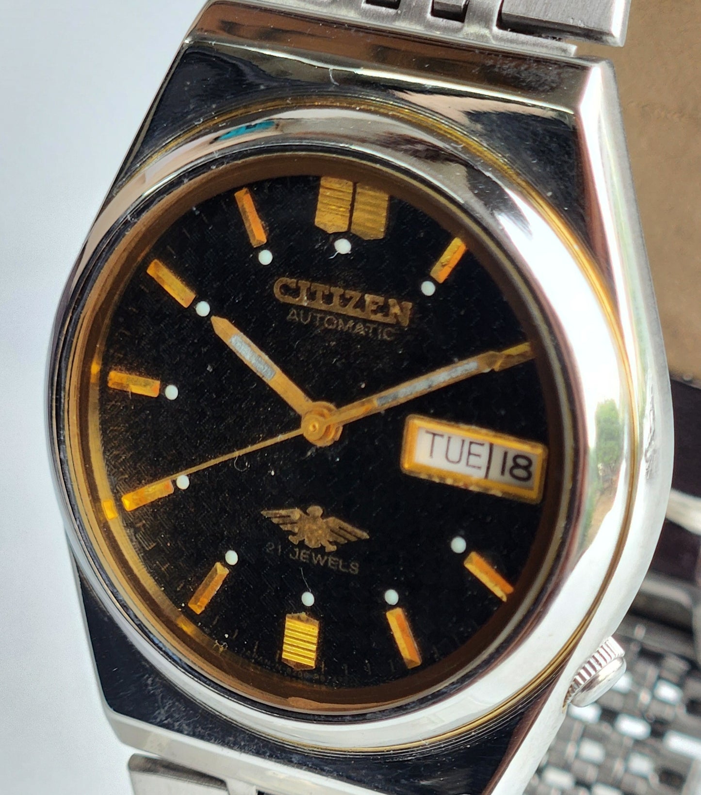 Vintage 1984 Original Citizen Automatic 8200 Black Face 21 Jewels Day-Date Japanese Men's Wrist Watch ET34