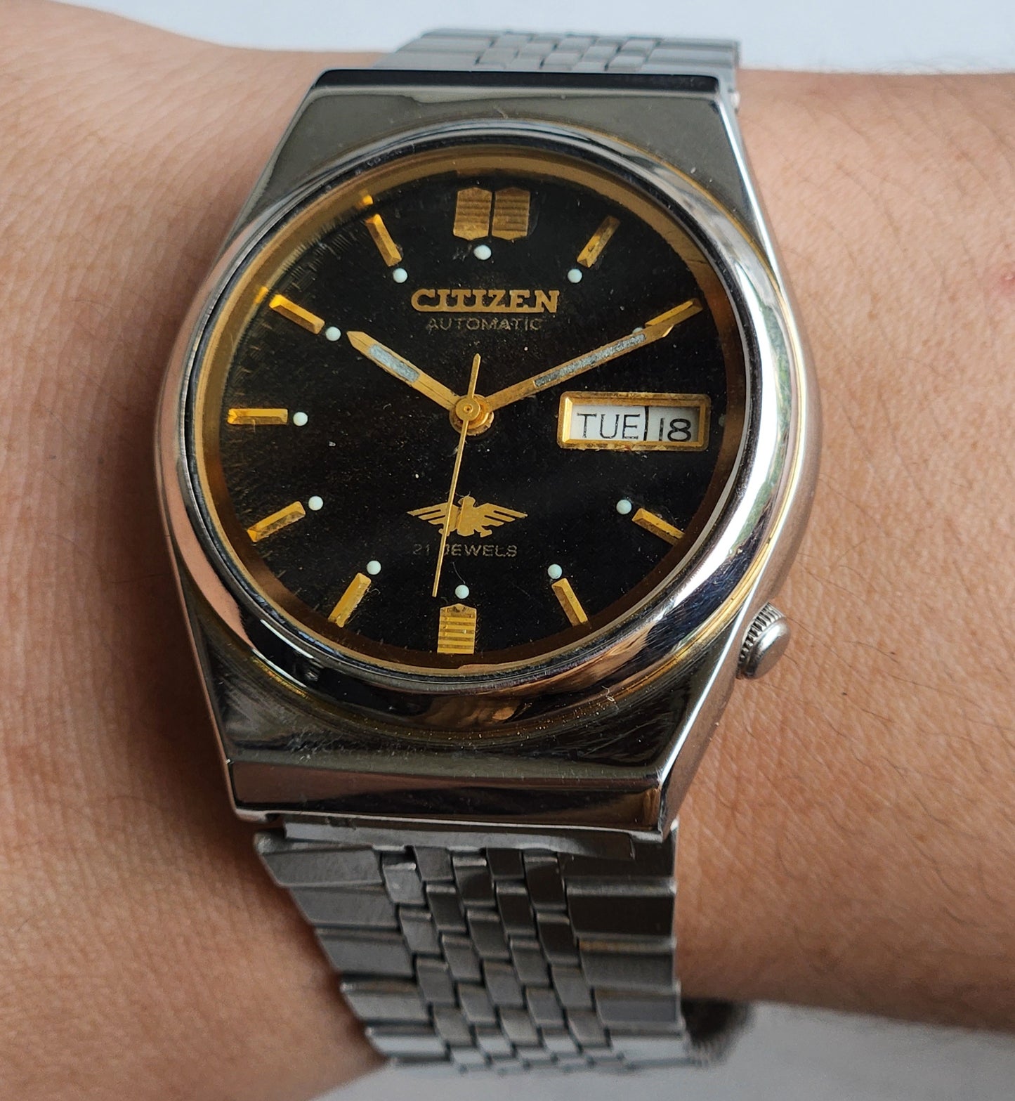 Vintage 1984 Original Citizen Automatic 8200 Black Face 21 Jewels Day-Date Japanese Men's Wrist Watch ET34