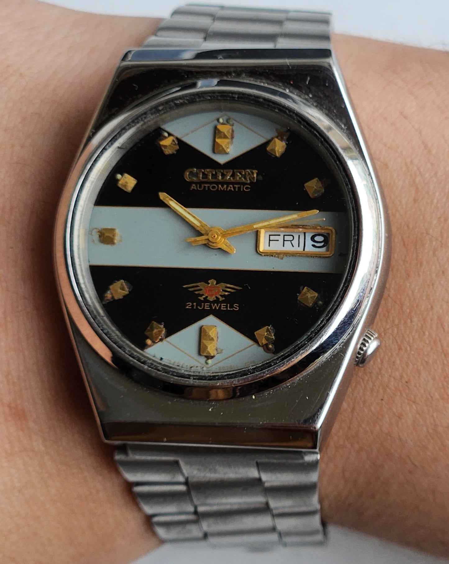 Vintage 1988 Original Citizen Automatic 8200 Black/Grey Face 21 Jewels Day-Date Japanese Men's Wrist Watch ET35