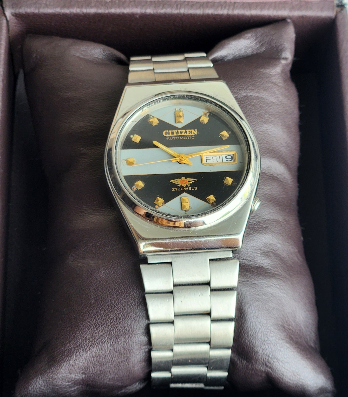 Vintage 1988 Original Citizen Automatic 8200 Black/Grey Face 21 Jewels Day-Date Japanese Men's Wrist Watch ET35