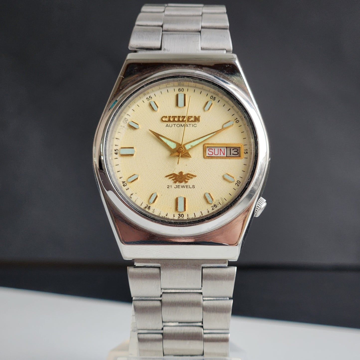 Vintage 1987 Original Citizen Automatic 8200 Yellow Face 21 Jewels Day-Date Japanese Men's Wrist Watch ET41