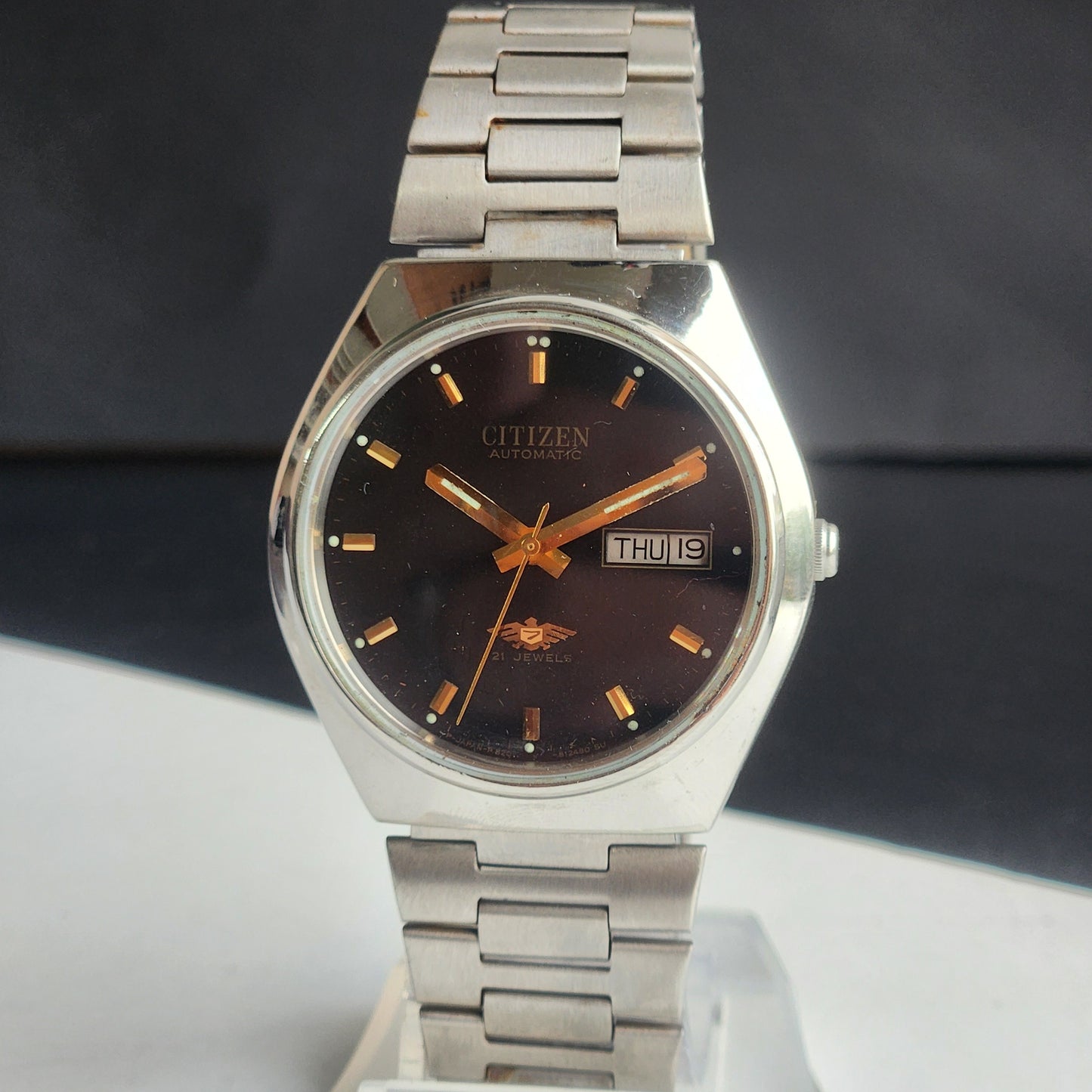 Vintage 1995 Original Citizen Automatic 8200 Balck Face 21 Jewels Day-Date Japanese Men's Wrist Watch ET42