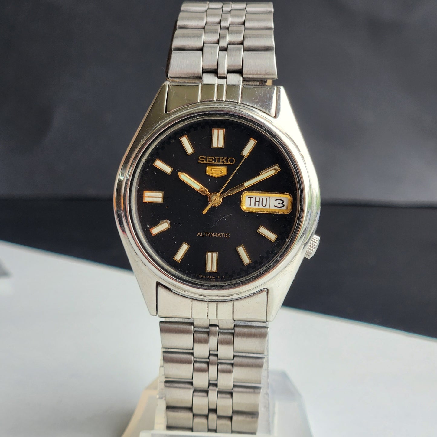 Vintage 1996 Original Seiko 5 Automatic 7S26-6000 Black Face 21 Jewels Day-Date Japanese Men's Wrist Watch ET45