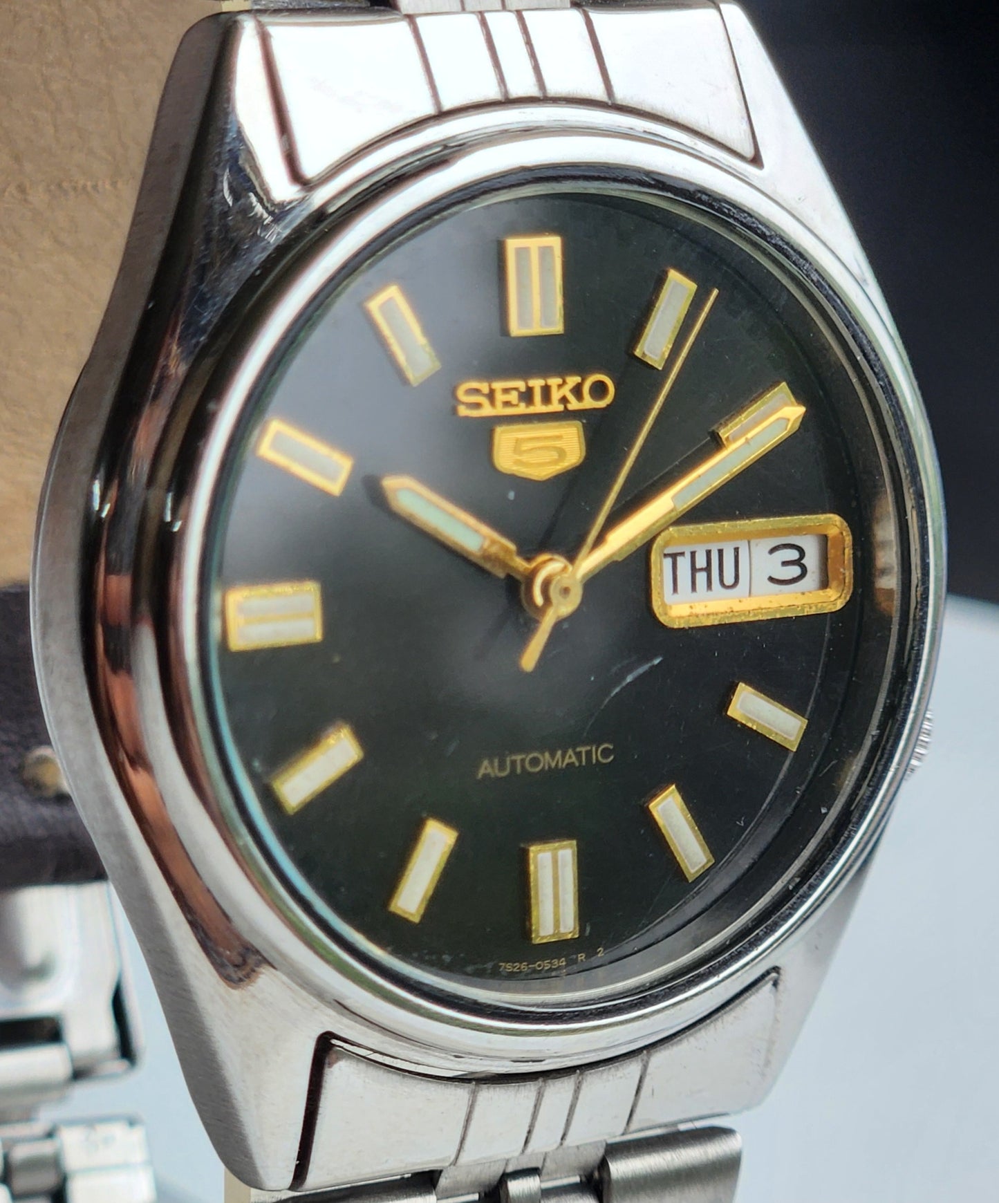 Vintage 1996 Original Seiko 5 Automatic 7S26-6000 Black Face 21 Jewels Day-Date Japanese Men's Wrist Watch ET45
