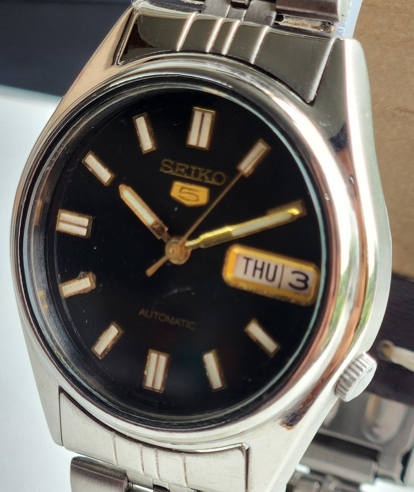 Vintage 1996 Original Seiko 5 Automatic 7S26-6000 Black Face 21 Jewels Day-Date Japanese Men's Wrist Watch ET45