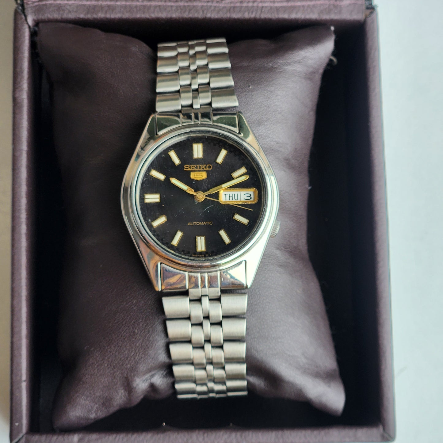 Vintage 1996 Original Seiko 5 Automatic 7S26-6000 Black Face 21 Jewels Day-Date Japanese Men's Wrist Watch ET45