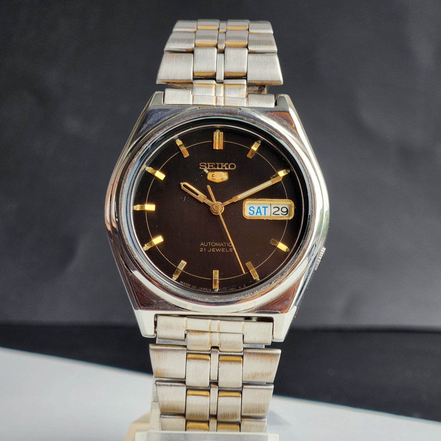 Vintage 1998 Original Seiko 5 Automatic 7S26-3130 Black Face 21 Jewels Day-Date Japanese Men's Wrist Watch ET50