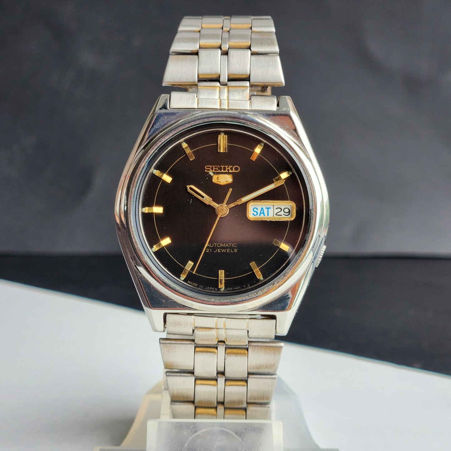 Vintage 1998 Original Seiko 5 Automatic 7S26-3130 Black Face 21 Jewels Day-Date Japanese Men's Wrist Watch ET50