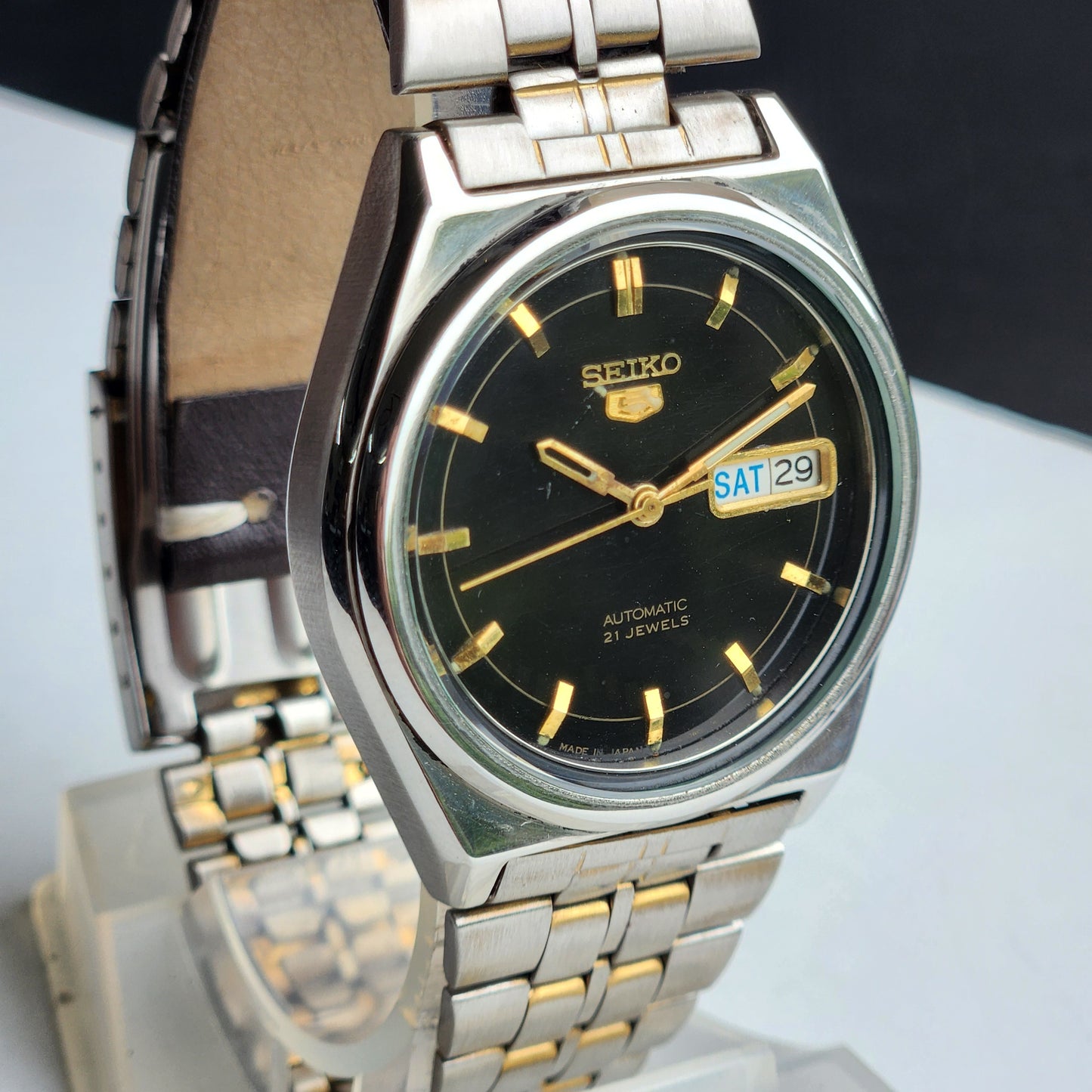 Vintage 1998 Original Seiko 5 Automatic 7S26-3130 Black Face 21 Jewels Day-Date Japanese Men's Wrist Watch ET50