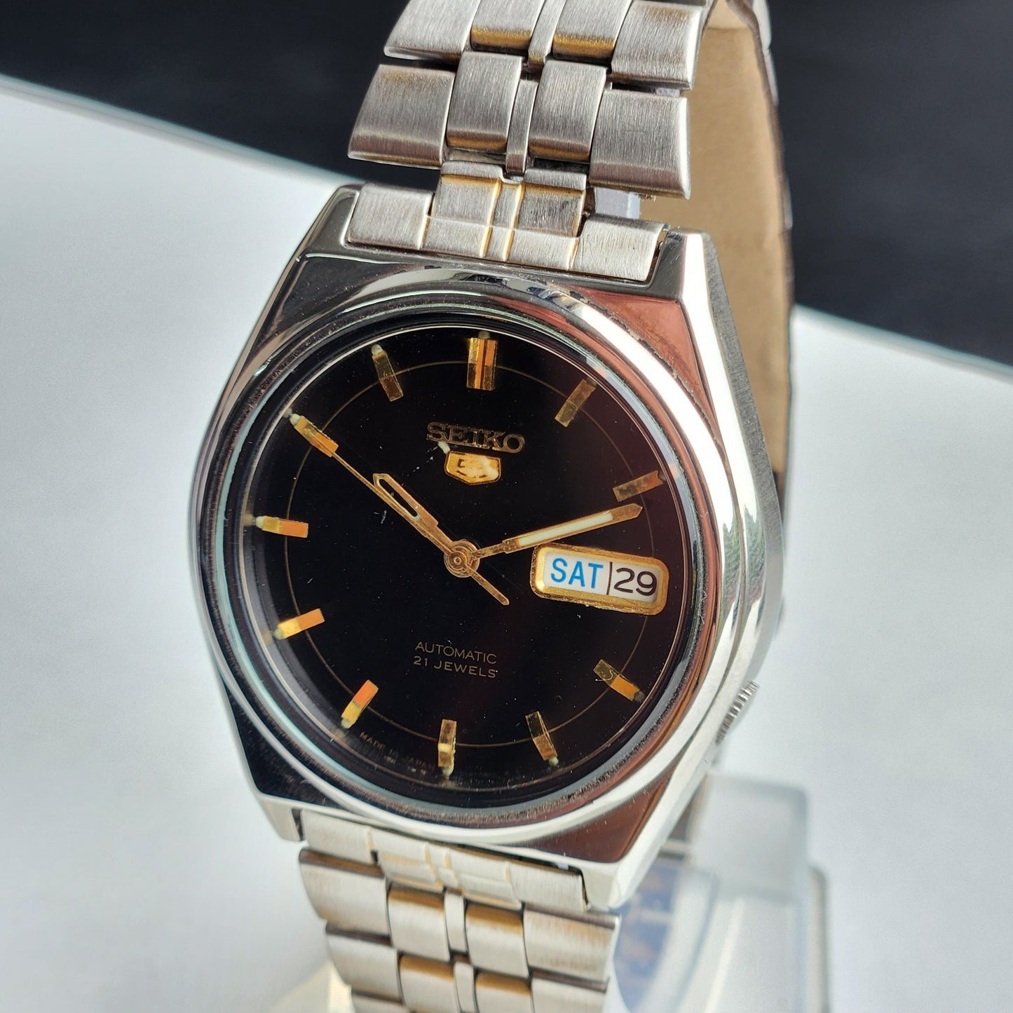 Vintage 1998 Original Seiko 5 Automatic 7S26-3130 Black Face 21 Jewels Day-Date Japanese Men's Wrist Watch ET50