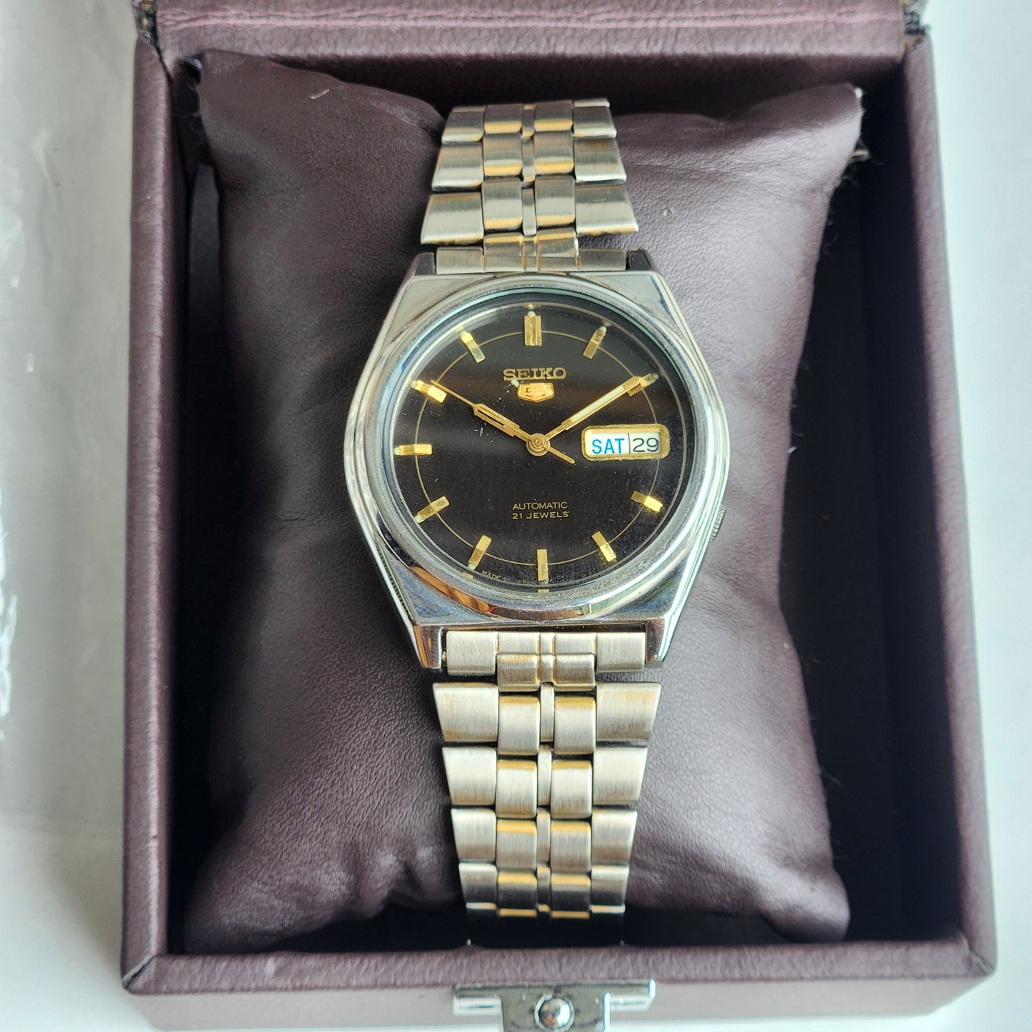 Vintage 1998 Original Seiko 5 Automatic 7S26-3130 Black Face 21 Jewels Day-Date Japanese Men's Wrist Watch ET50