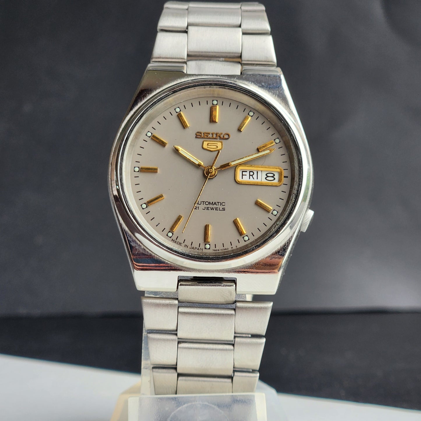 Vintage 1996 Original Seiko 5 Automatic 7S26-3160 Grey Face 21 Jewels Day-Date Japanese Men's Wrist Watch ET52