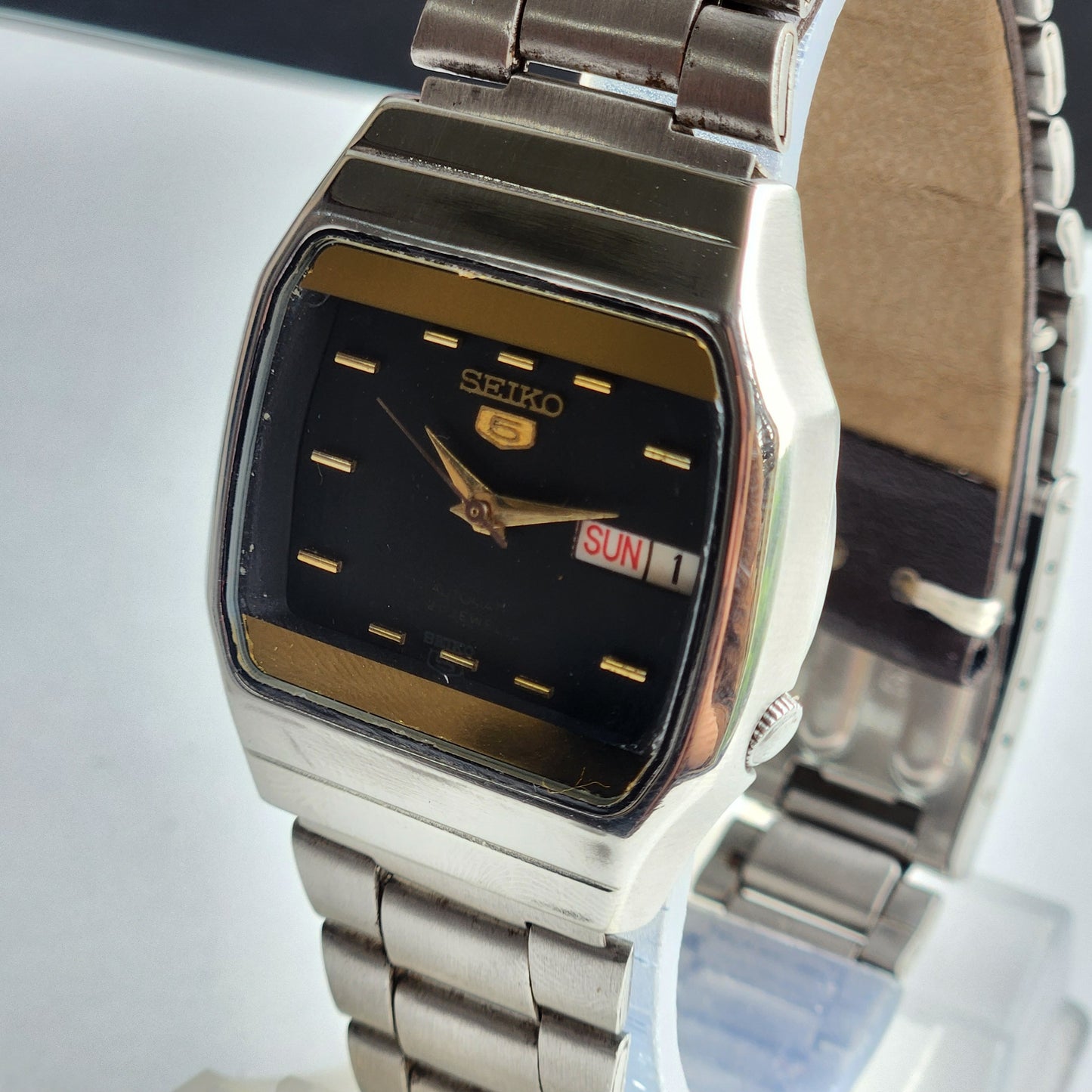 Vintage 1998 Original Seiko 5 Automatic 7S26-2070 Black Face 21 Jewels Day-Date Japanese Men's Wrist Watch ET54