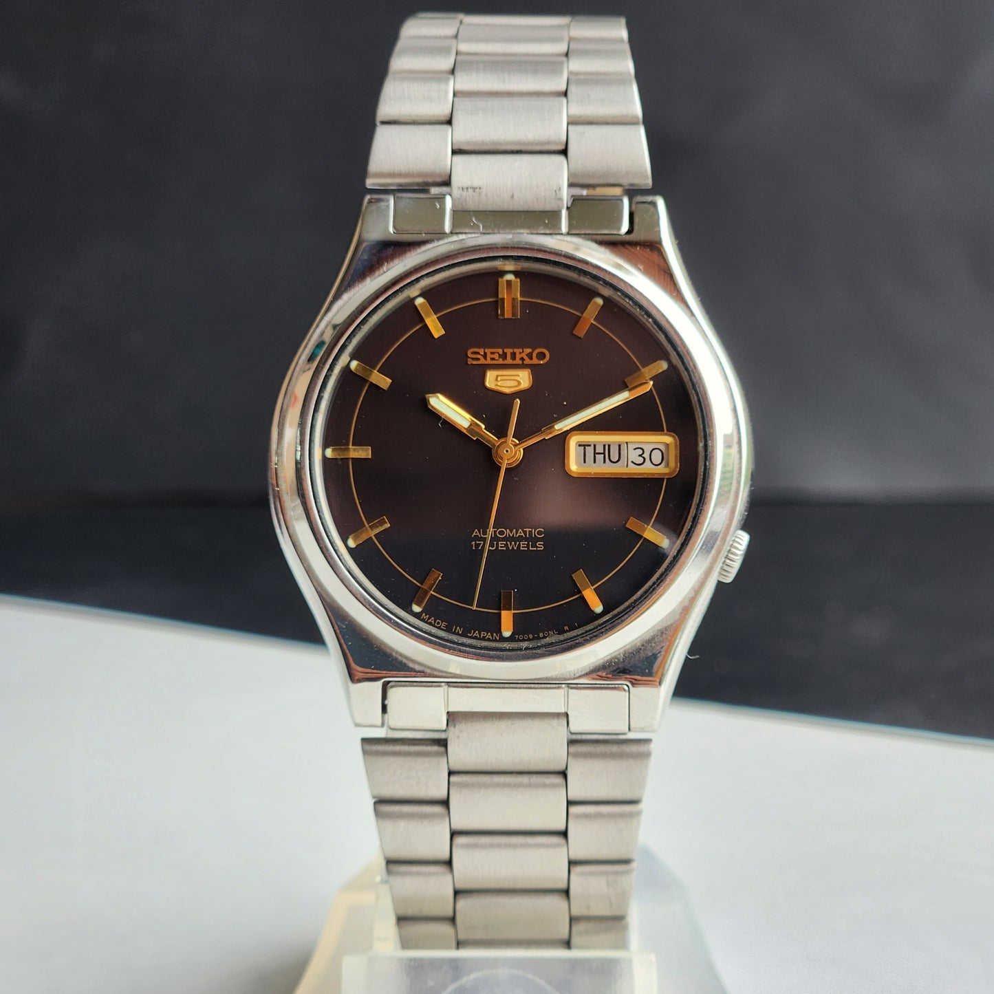Vintage 1991 Original Seiko 5 Automatic 7009-3171 Black Face 17 Jewels Day-Date Japanese Men's Wrist Watch ET59