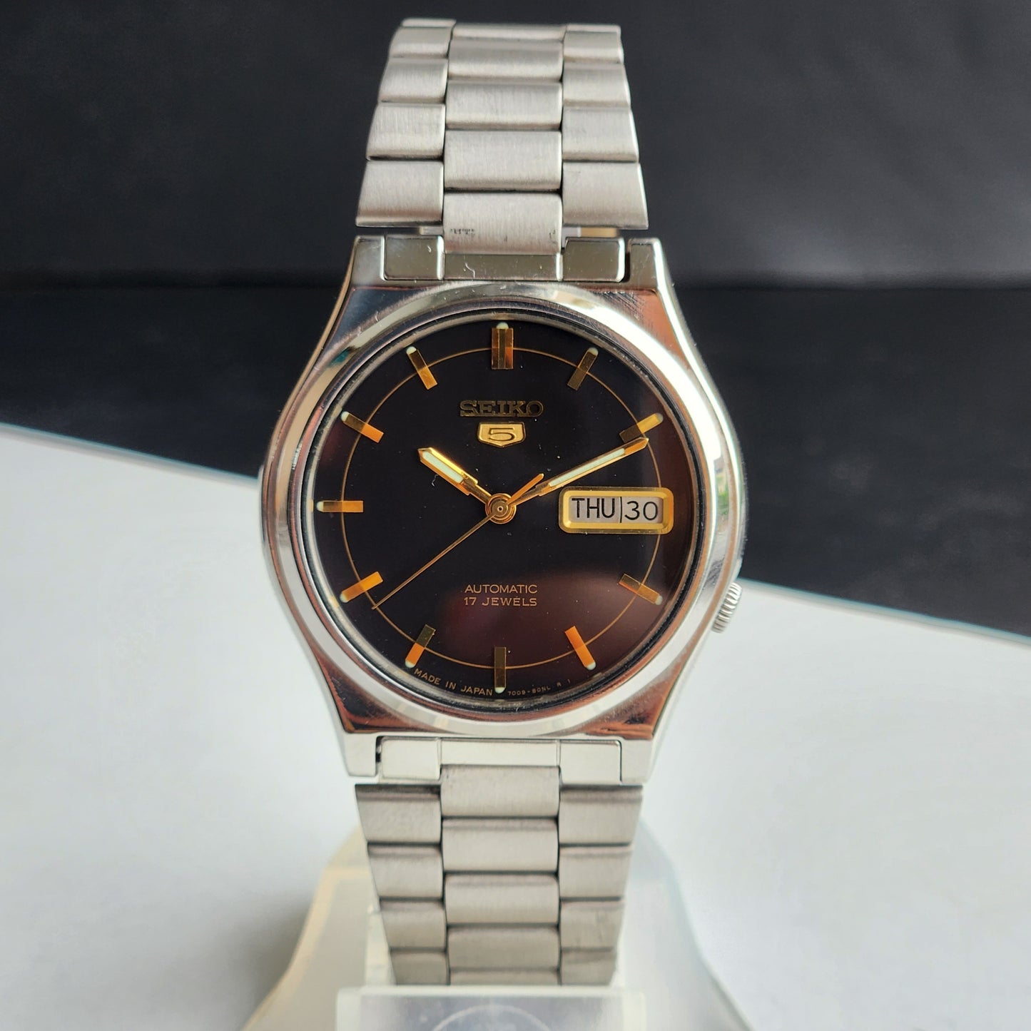Vintage 1991 Original Seiko 5 Automatic 7009-3171 Black Face 17 Jewels Day-Date Japanese Men's Wrist Watch ET59