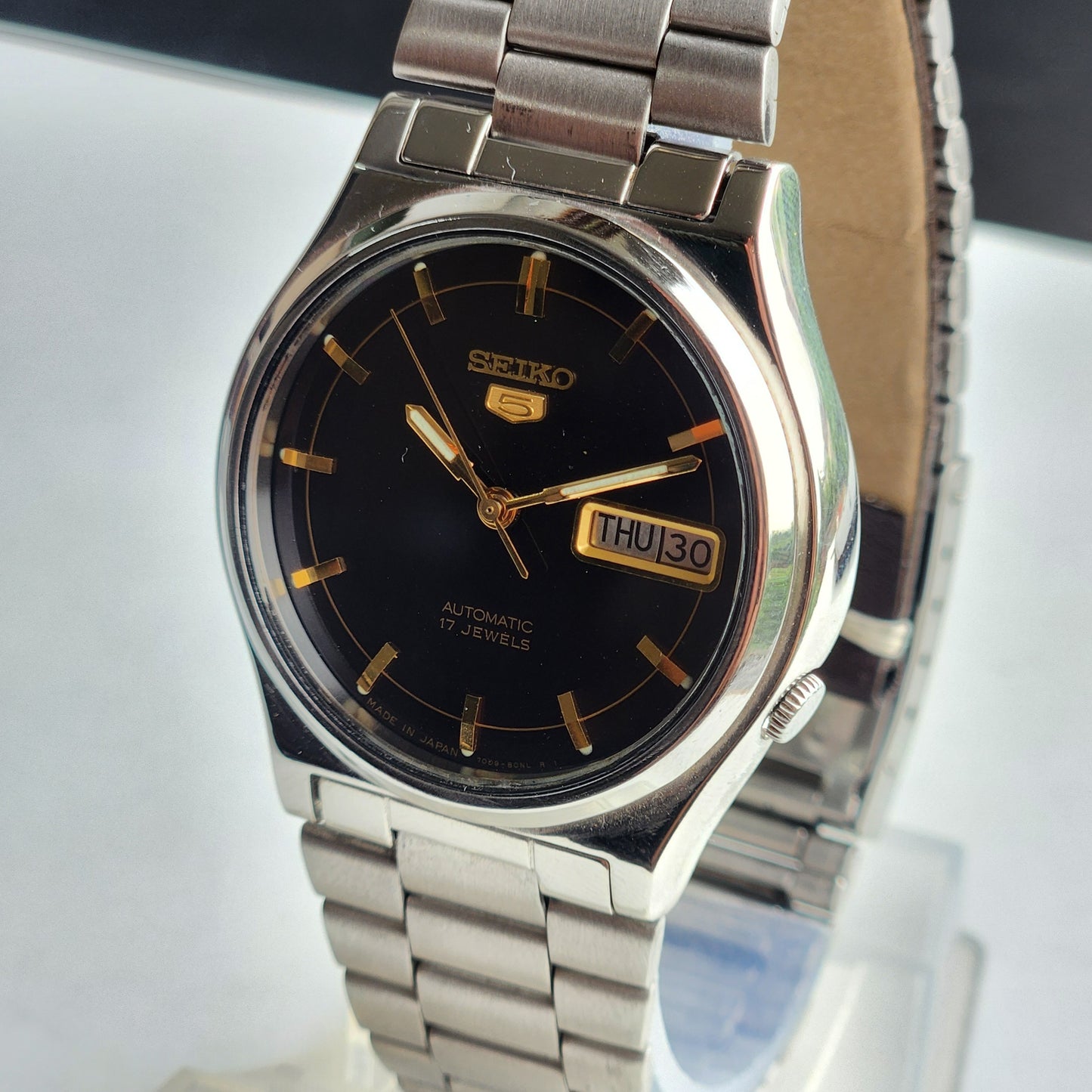 Vintage 1991 Original Seiko 5 Automatic 7009-3171 Black Face 17 Jewels Day-Date Japanese Men's Wrist Watch ET59