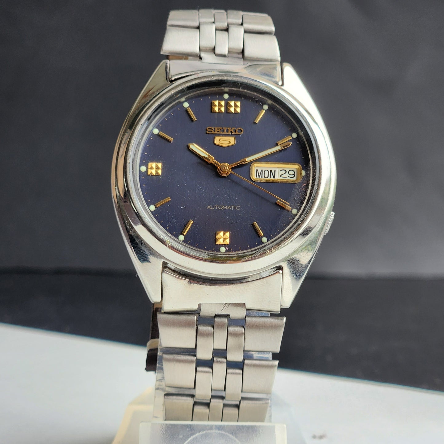 Vintage 1997 Original Seiko 5 Automatic 7S26-8760 Blue Face 21 Jewels Day-Date Japanese Men's Wrist Watch ET63