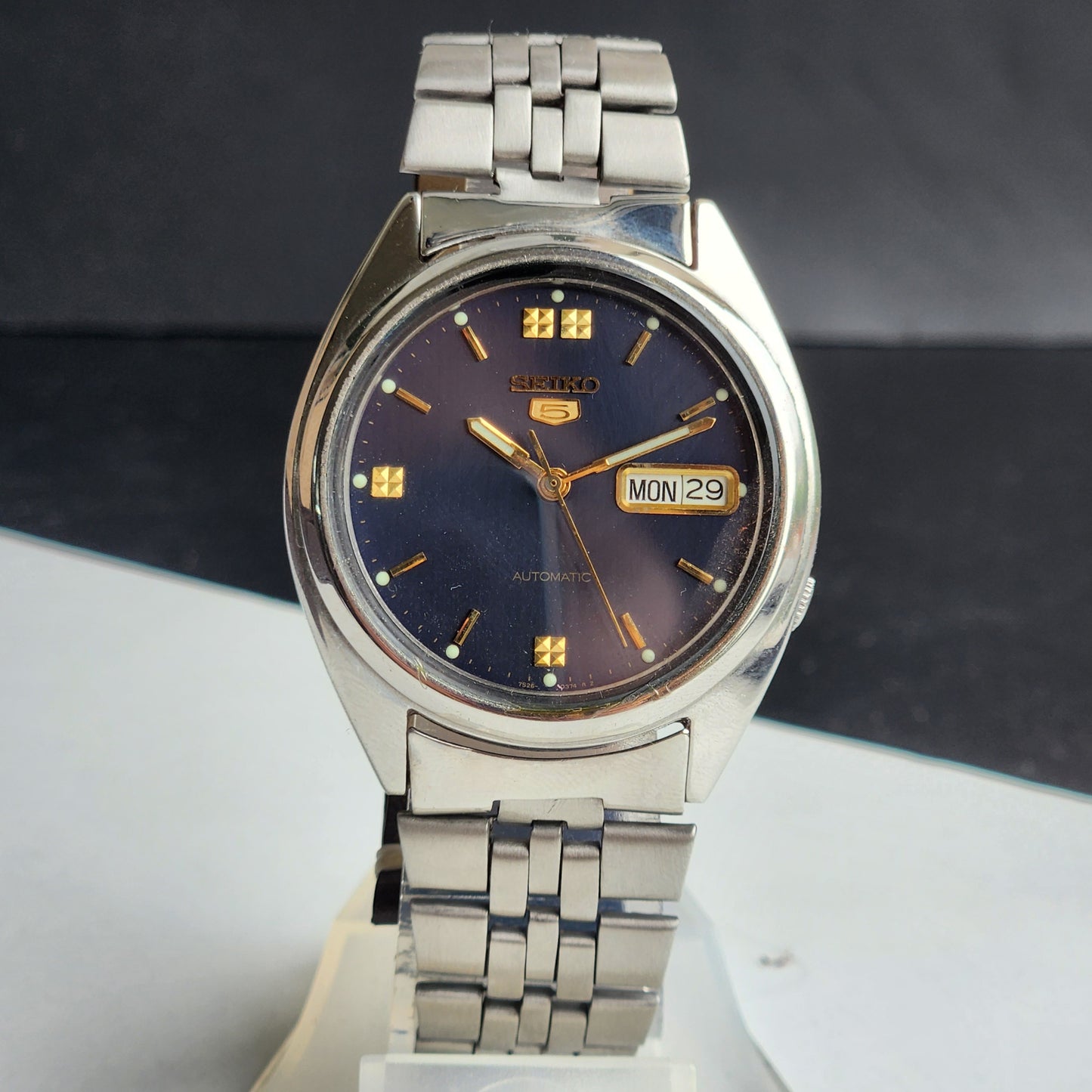 Vintage 1997 Original Seiko 5 Automatic 7S26-8760 Blue Face 21 Jewels Day-Date Japanese Men's Wrist Watch ET63