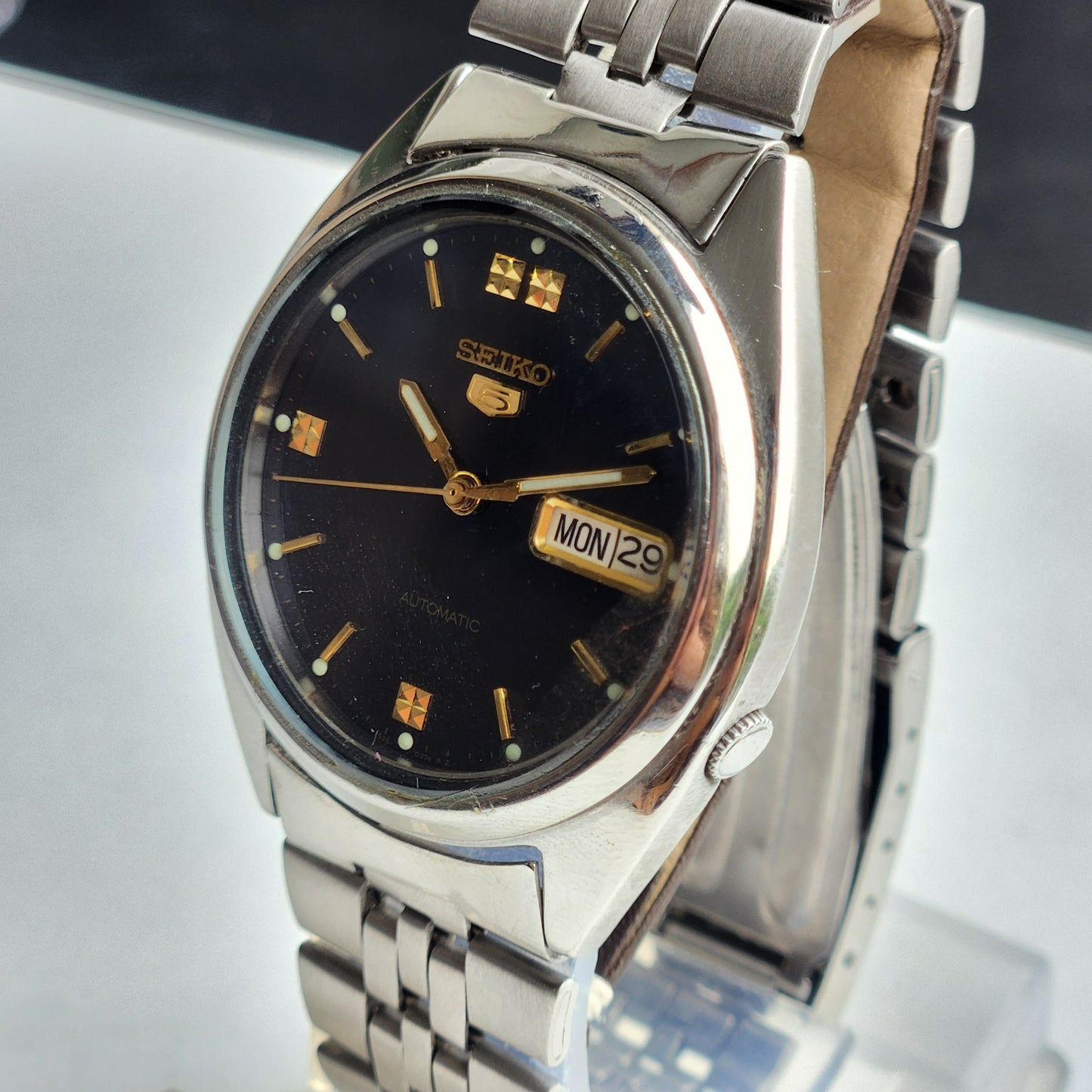 Vintage 1997 Original Seiko 5 Automatic 7S26-8760 Blue Face 21 Jewels Day-Date Japanese Men's Wrist Watch ET63