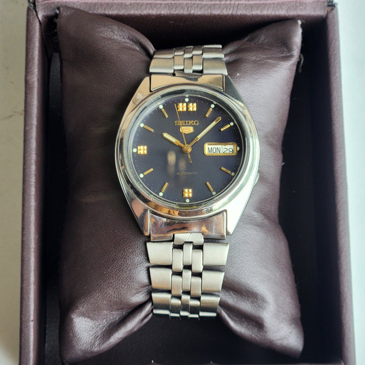 Vintage 1997 Original Seiko 5 Automatic 7S26-8760 Blue Face 21 Jewels Day-Date Japanese Men's Wrist Watch ET63